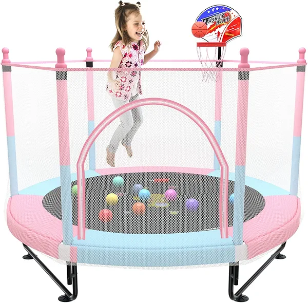 Kawuneeche 5FT Trampoline for Kids Toddler Indoor Trampoline with Safety Enclosure Net, Mini Basketball Hoop, Jumping Mat for Home Entertainment Equipment Outdoor Backyard Games