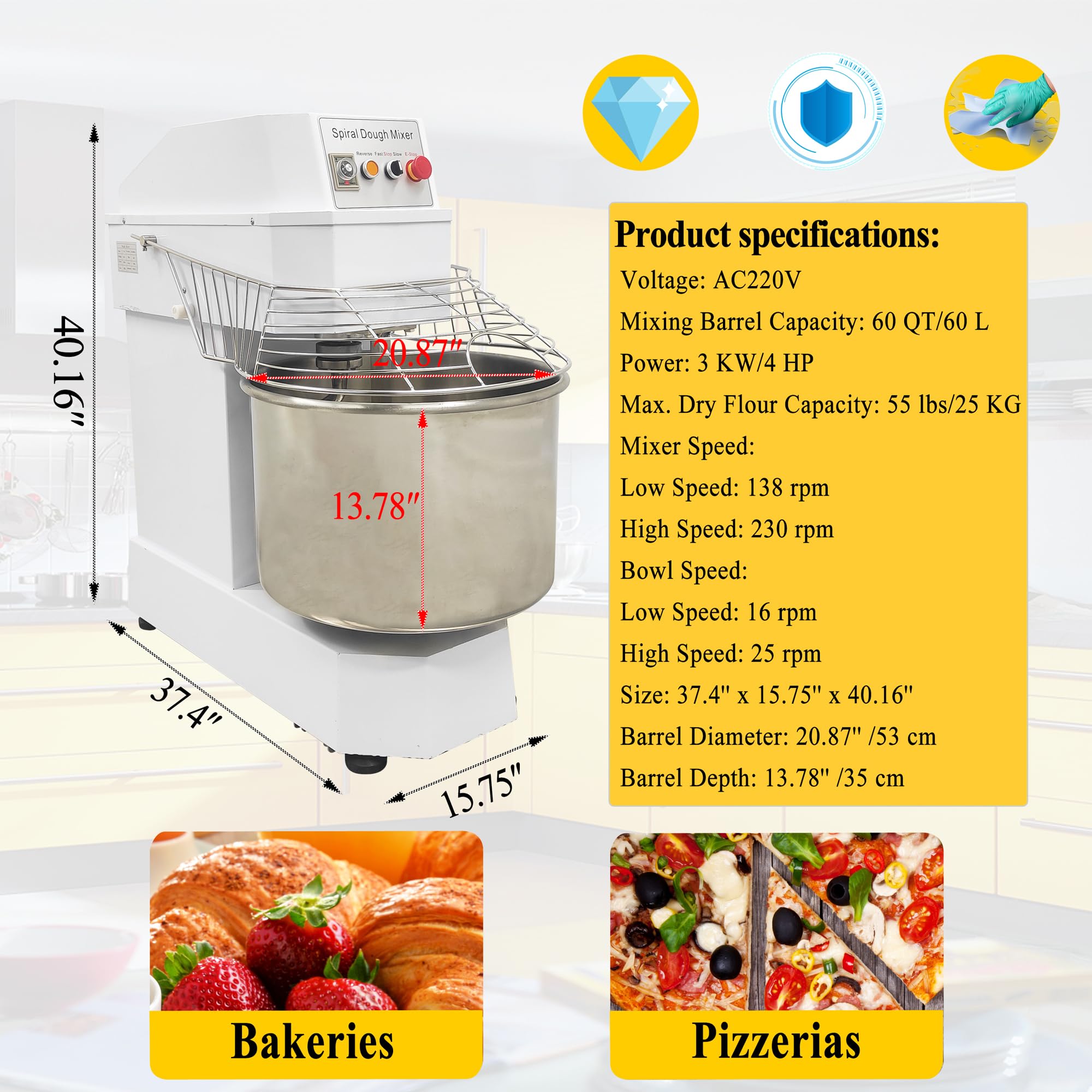 TECHTONGDA Commercial Spiral Dough Mixer, 220V Food Stand Mixer with Timing Function, 50QT Dough Kneading Machine, Double Acting Double Speed Flour Mixer, Bakery Machine for Restaurant Pizzeria