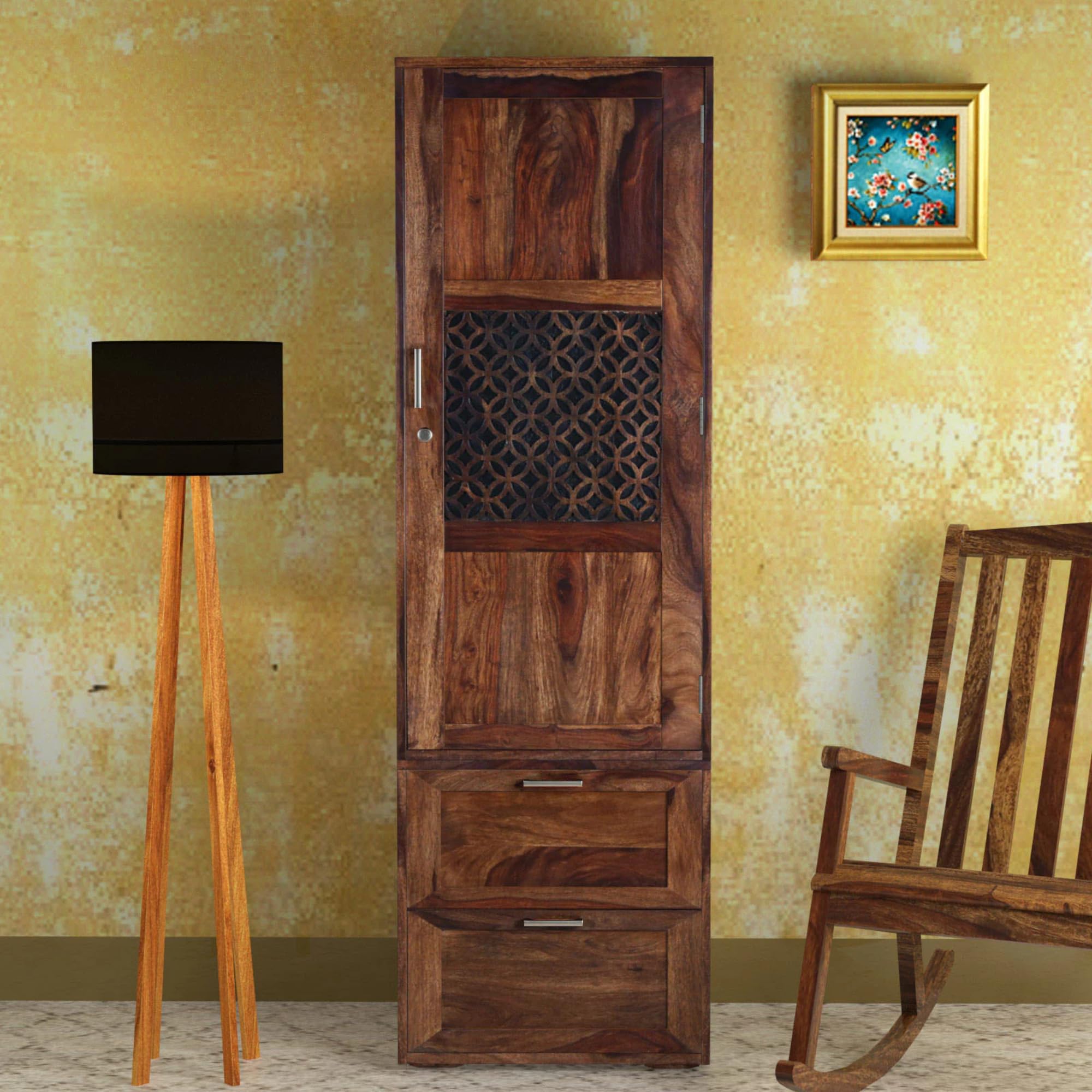 MADE WOOD Sheesham Wood Single Door Wardrobe with Shelf & Hanging Space, Solid Wooden Almirah for Bedroom, Provincial Teak Finish Storage Cabinet with Drawers-image-25