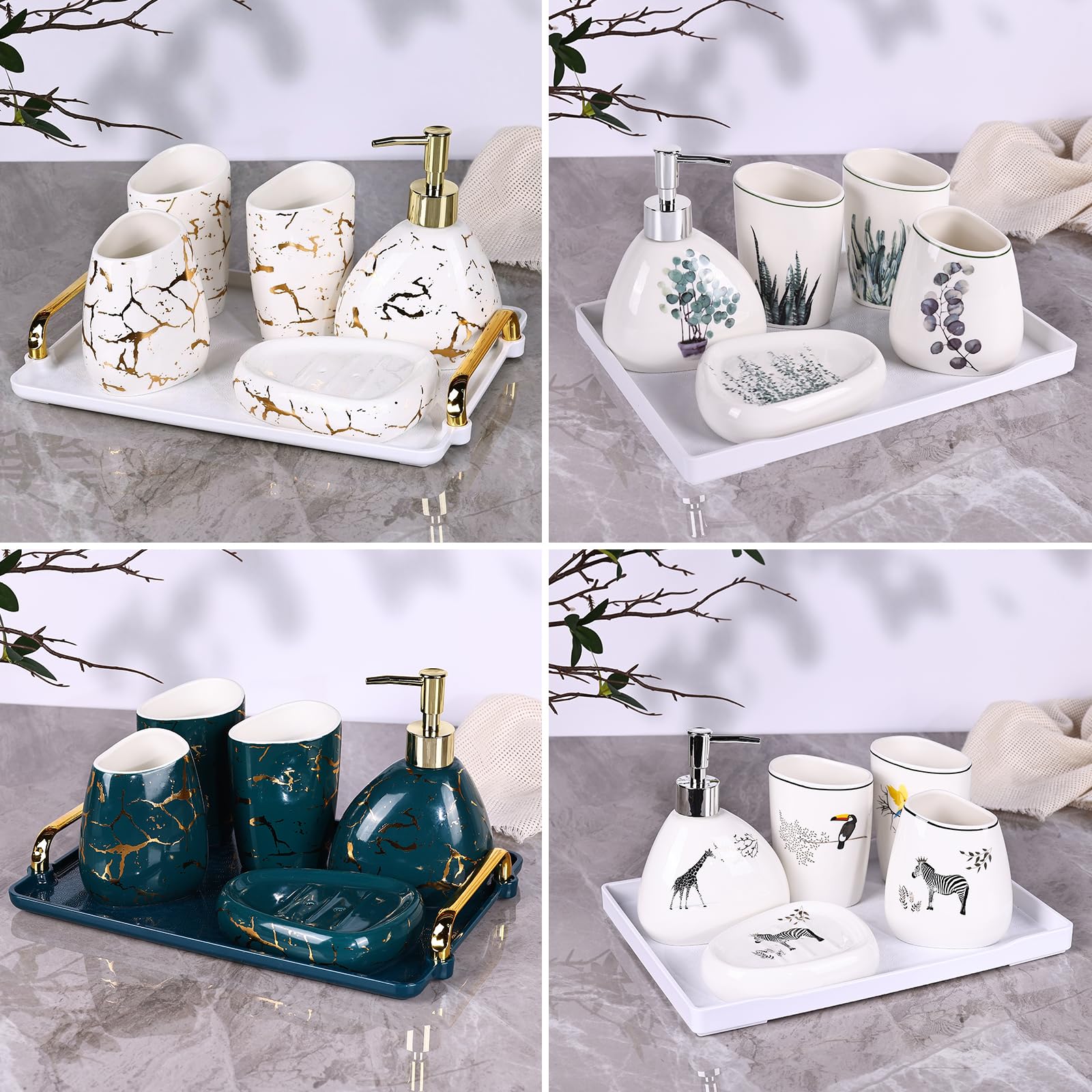 Elegante set da bagno in ceramica da 6 pezzi dotato di dispenser per lozione, bicchiere per collutorio, piatto per trucco, piatto per sapone, portaspazzolino e vassoio, moderno set di
