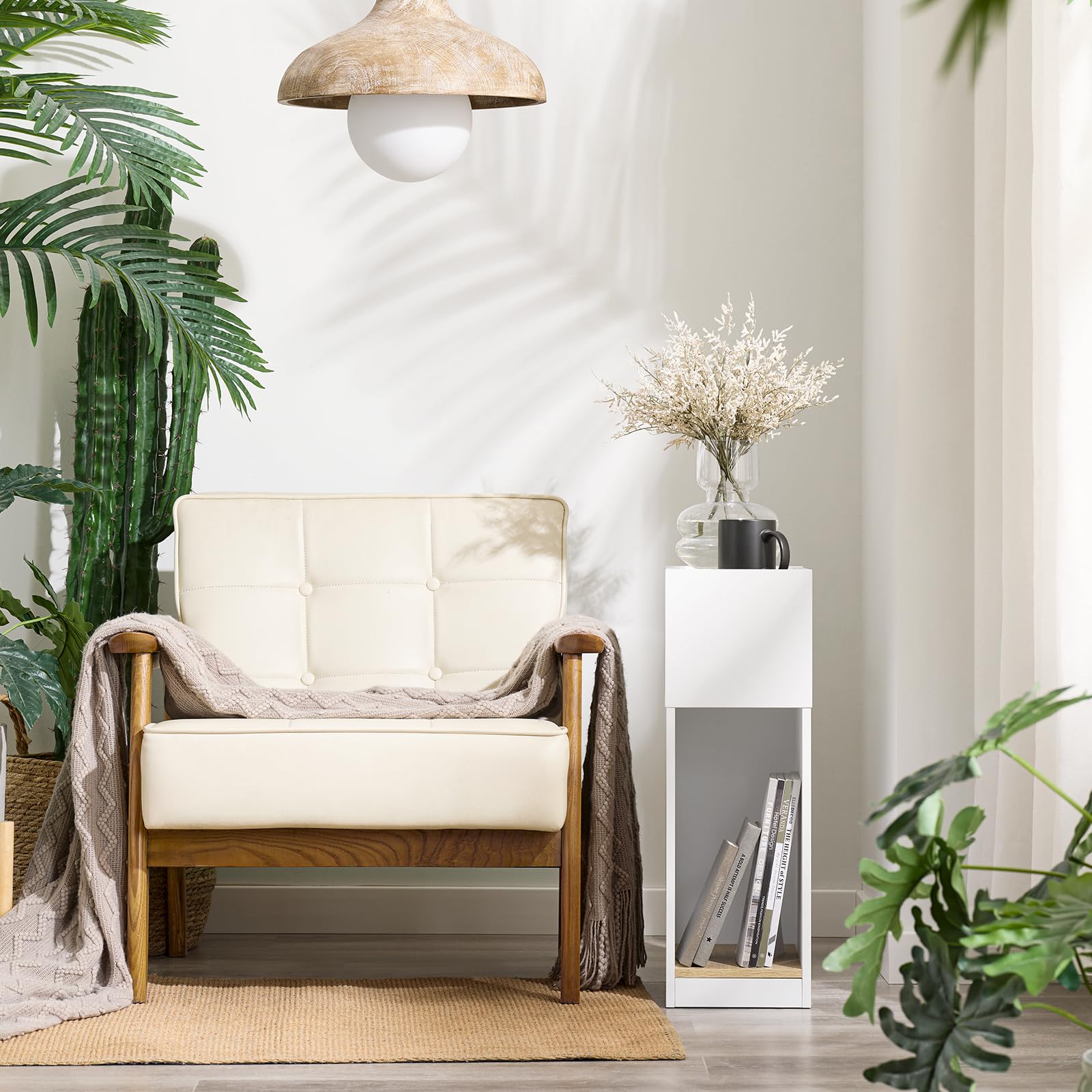SoBuy Set de 2 mesas auxiliares estrechas con cajón, 20x35x60cm salón | Mesita de noche compacta con almacenamiento, diseño ahorraespacio para dormitorio y sofá, blanco, FBT171-WNx2