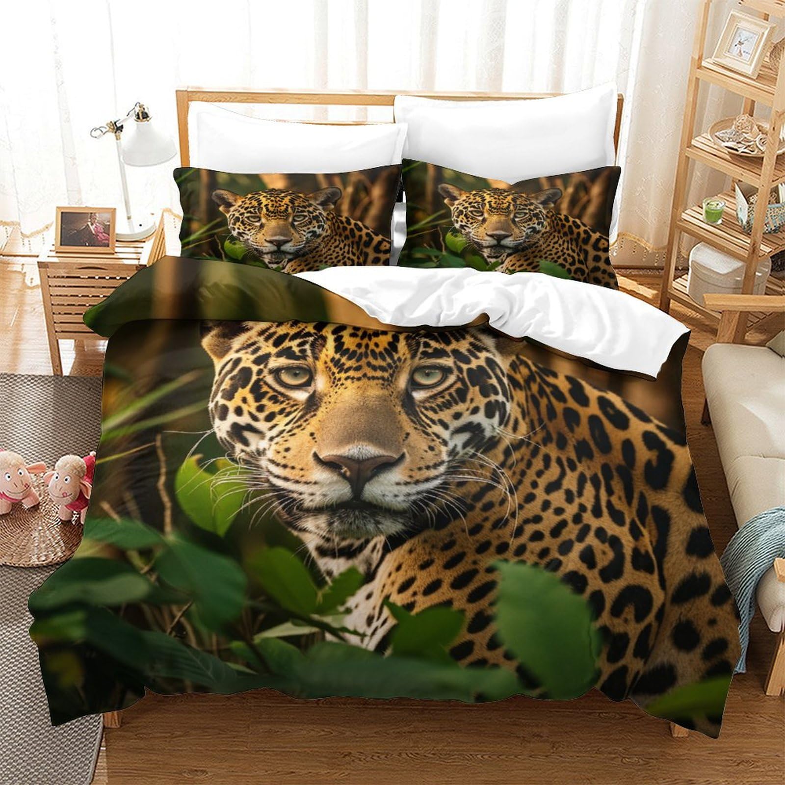 P1s9u7w5y Jaguar-4 Tropical Jungle 3D Printed Leopard Duvet Cover Set 3Pcs Microfiber Animal Bedding Set King（220X240cm）