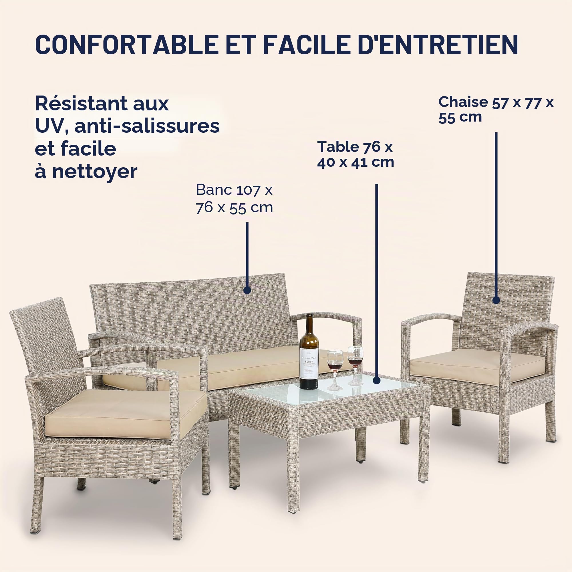 Casaria® Salon de Jardin en Polyrotin Crème 4 Personnes 2 chaises 1 Banc Meubles d'extérieur Jardin terrasse Balcon résistant intempéries