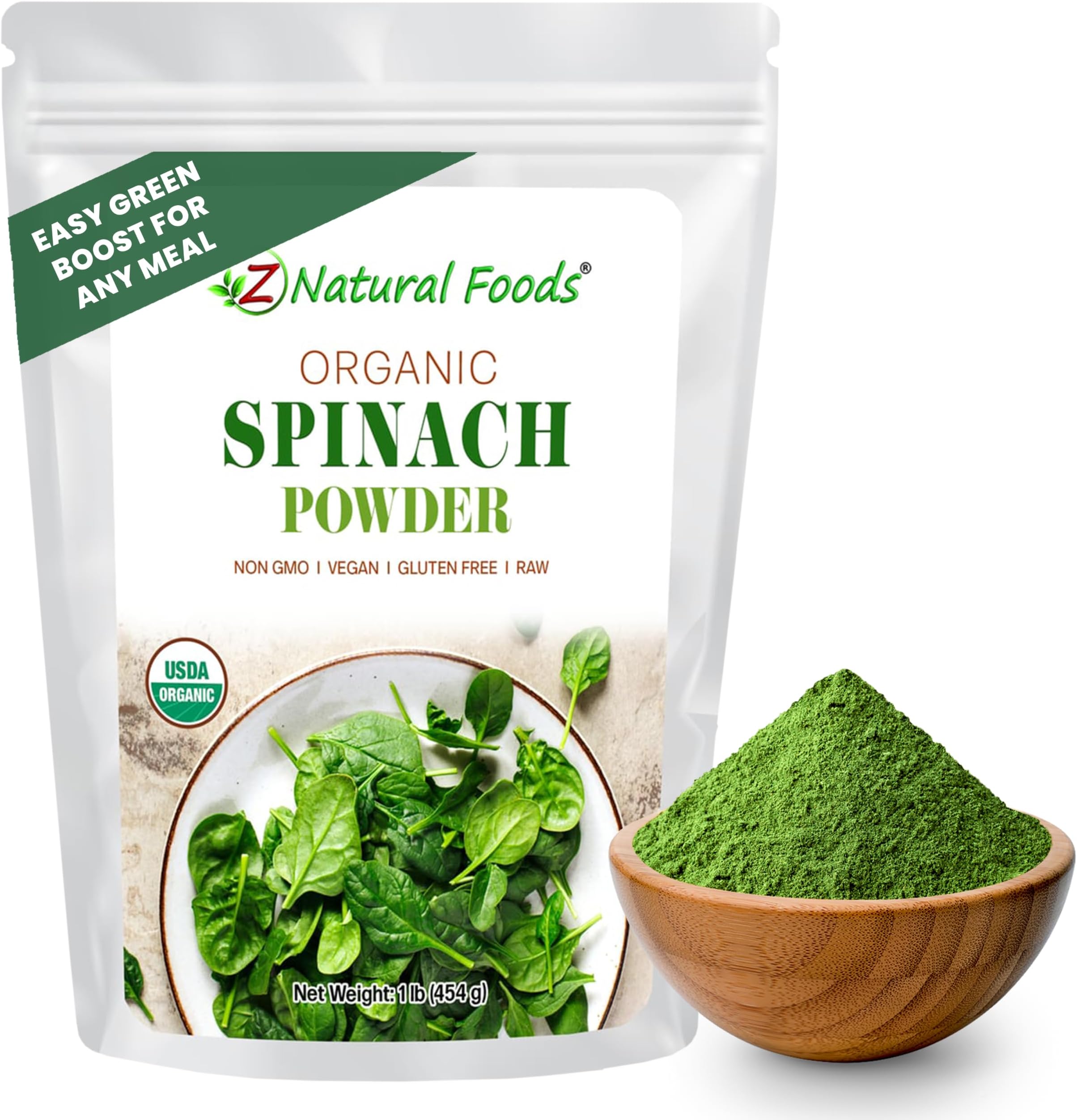Z Natural Foods Organic Spinach Powder - Dried Raw Spinach Leaves, 16 oz | Organic Spinach Leaf, Vegan, Single Ingredient, Nutritious, Powdered Vegetable