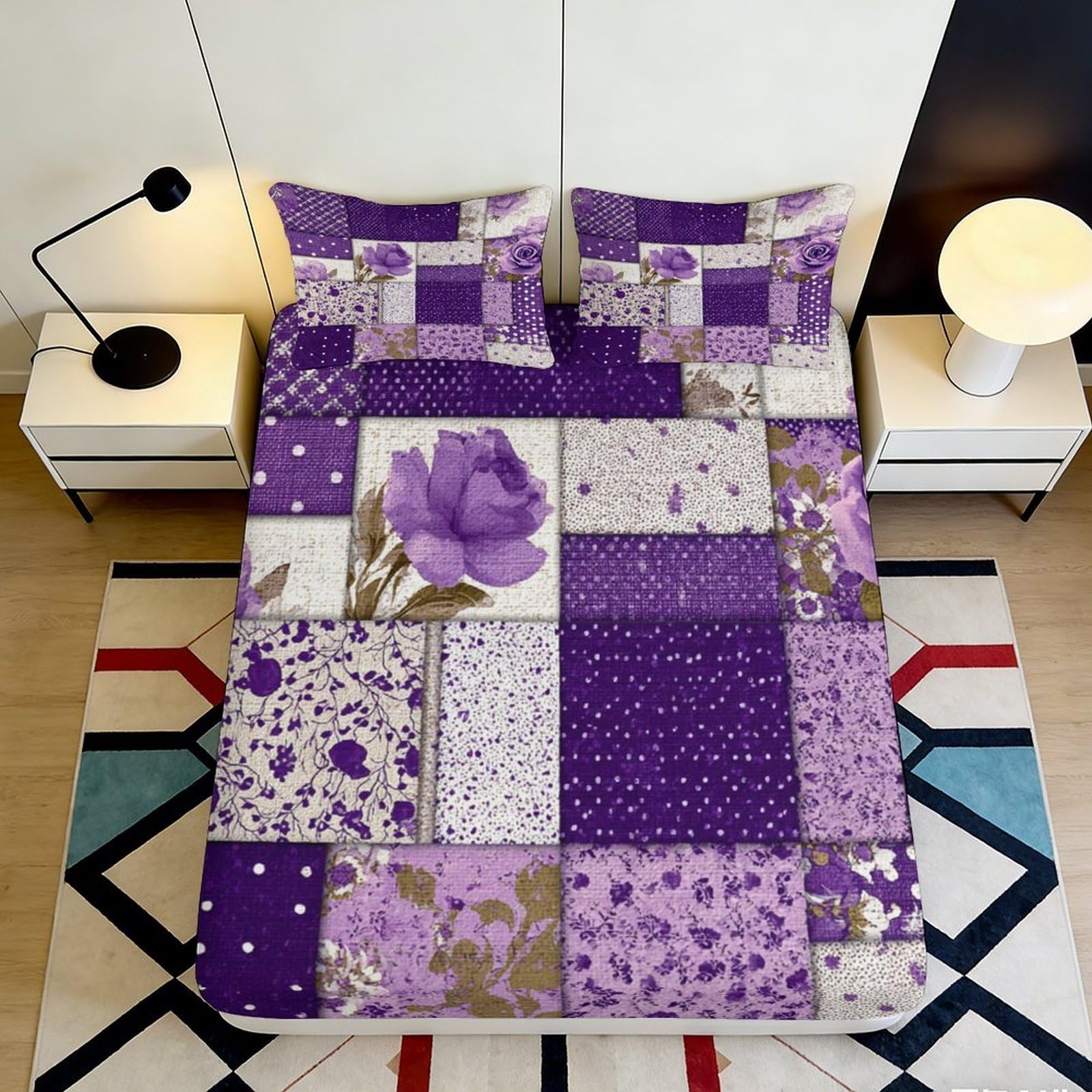 3D Printed Purple Patchwork Rose Fitted Sheet Microfiber Bedroom Decor Mattress Cover for Adult Teen Dorm Room 160x200x25cm