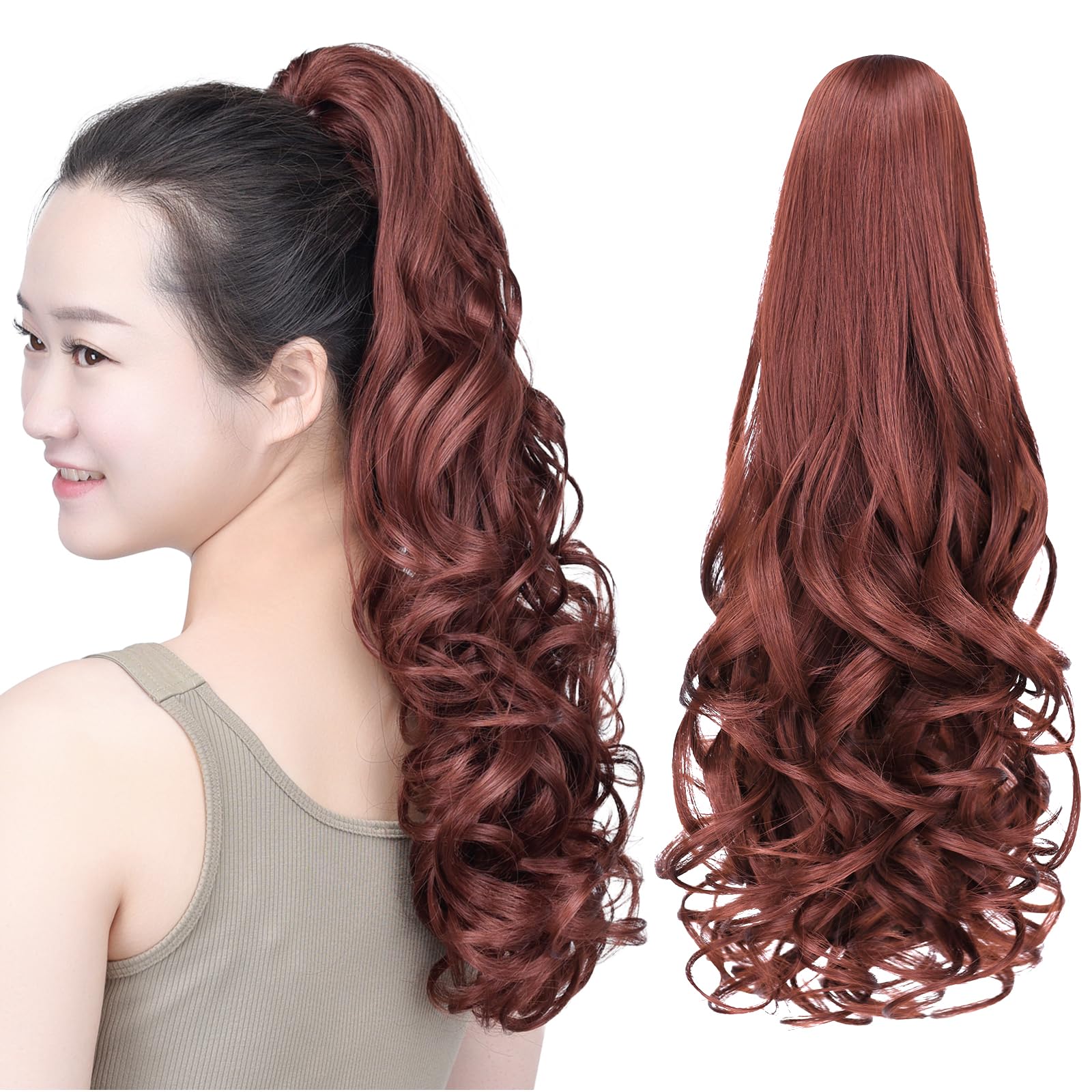 SYXLCYGG Auburn Ponytail Clip 20" Wavy 5.3 OZ Hair Synthetic Fake Fluffy Pony Tails Yaki Claw Clip Hair Extensions Girl Hair piece Women