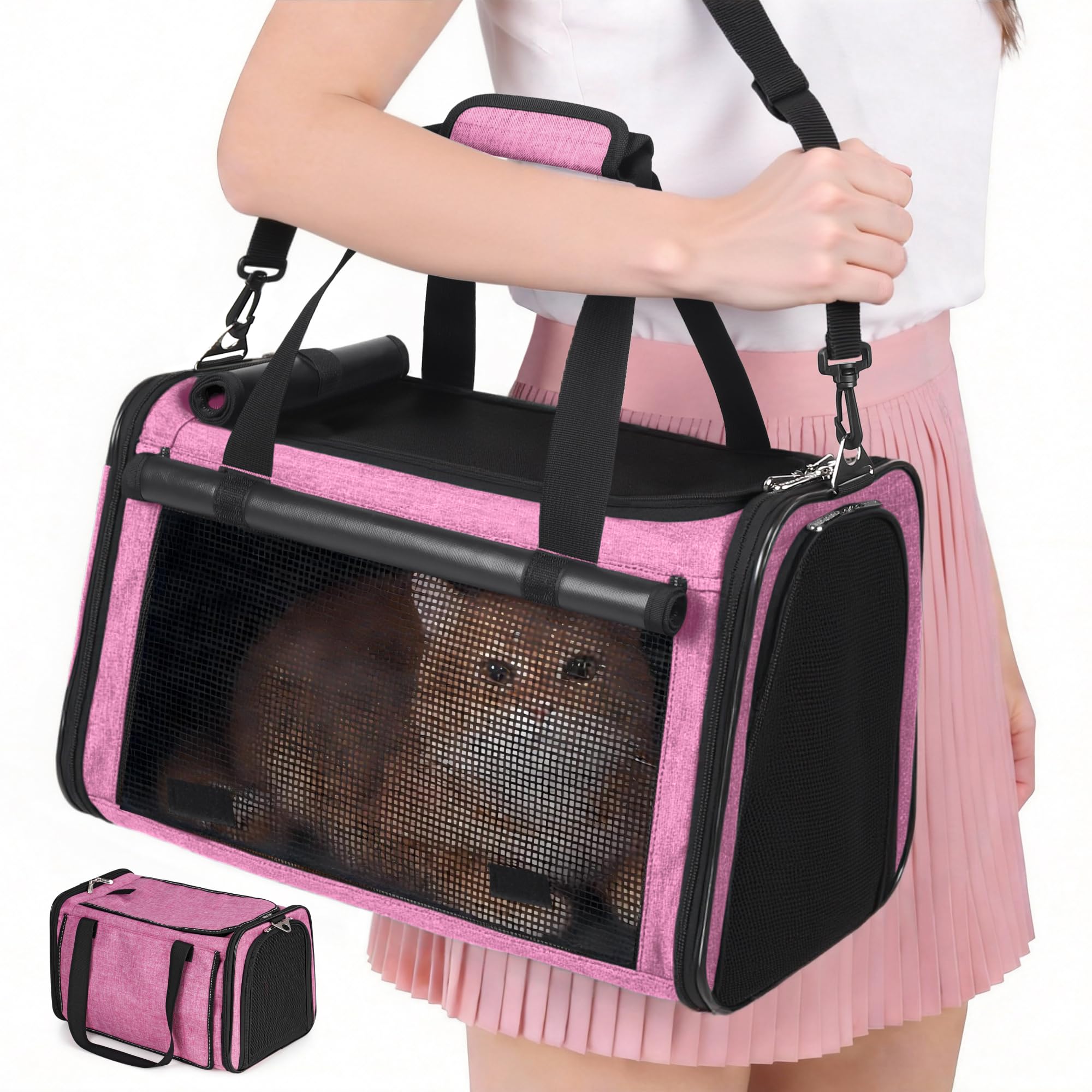 YUDODO 25 lbs Lightproof Soft Sided Pink Pet Carrier for Large Cat & Small Dog Airline Approved Travel Bag Puppy Carriers with Side Pockets &
