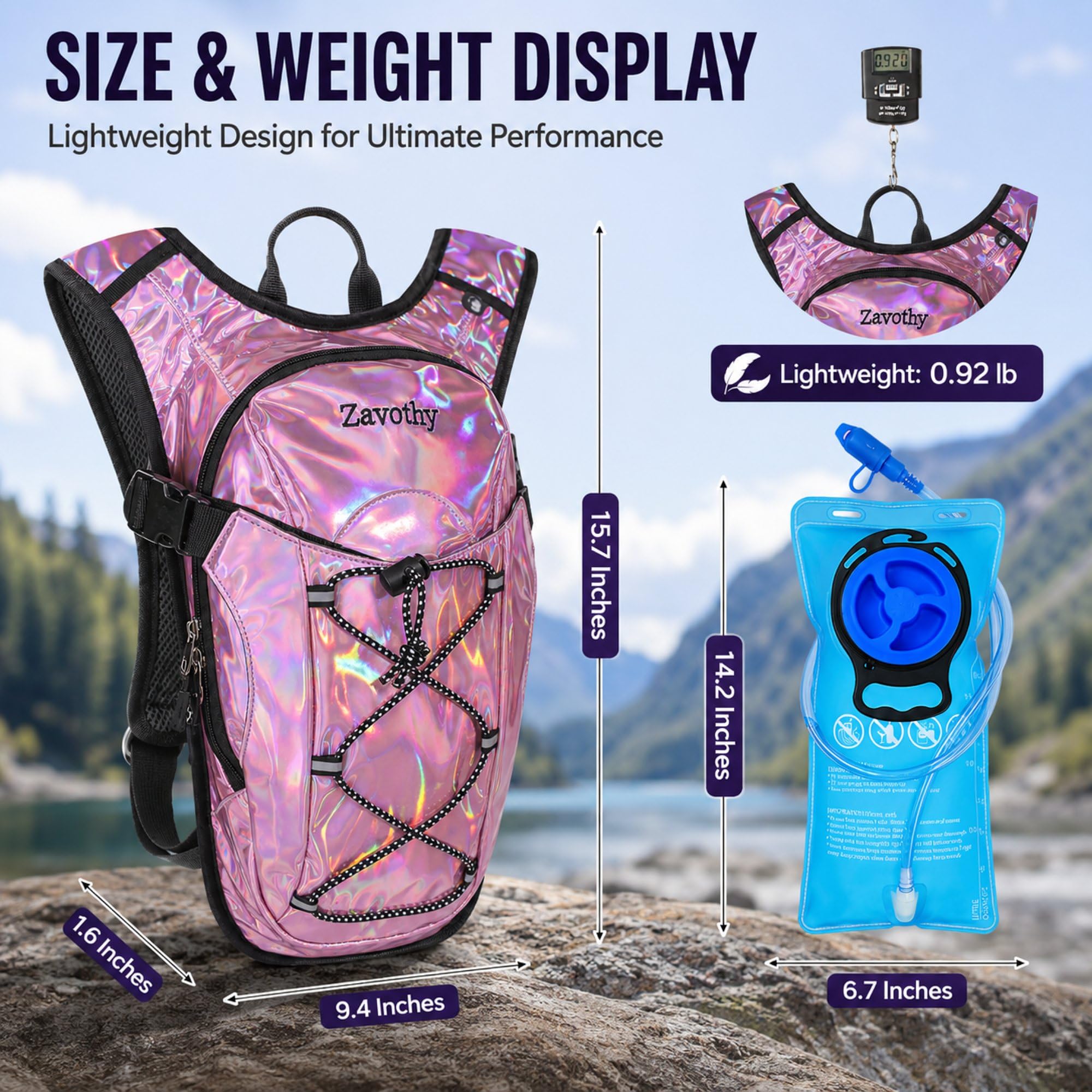 Zavothy Rave Sac à dos d'hydratation léger pour cyclisme, course à pied, sac d'hydratation, sac à dos de randonnée avec poche à eau de 2 L, rose