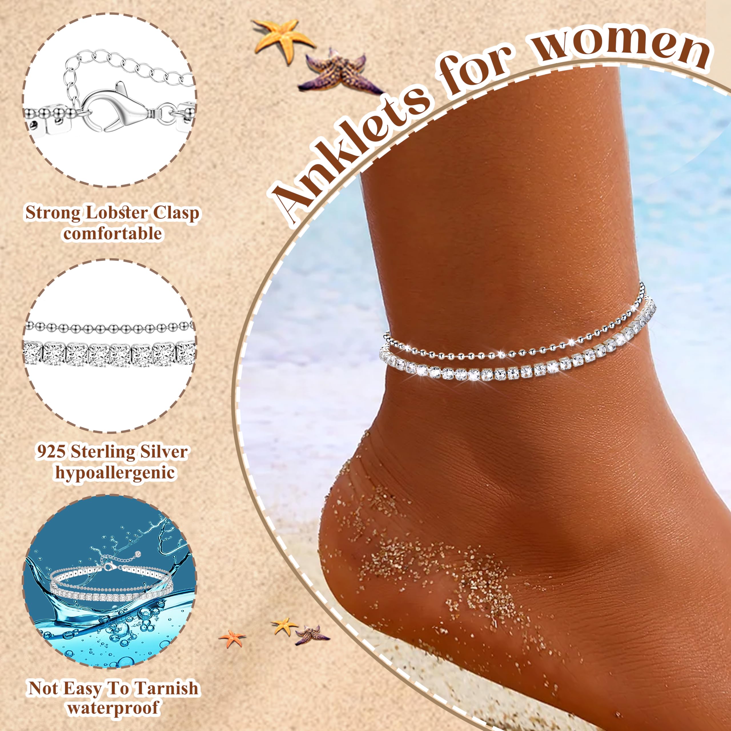 Diamday Cavigliera da Donna Argento 925 Bracciali Caviglia Argento Regolabile Delicato Cavigliere Impermeabile Cavigliera Gioielli CZ Cuore Perla Cavigliere a Strati per Donna