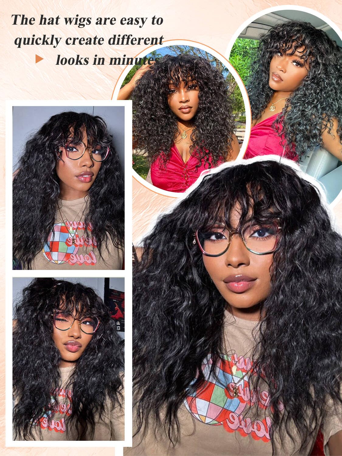 Amazon.com : Muswanna Curly Wig with Bangs 210% Density  display picture 1