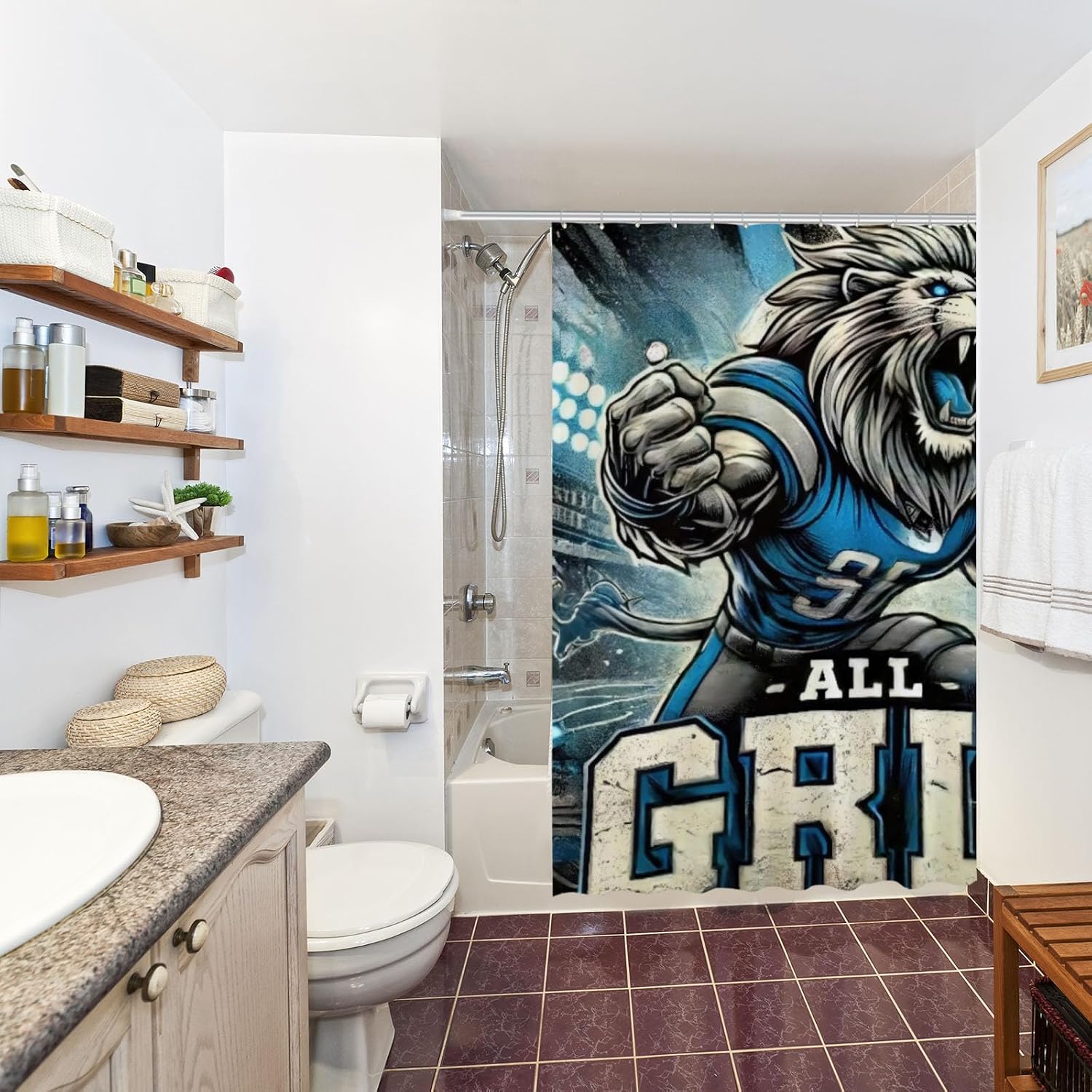 Funnytree Fierce Lion Player Shower Curtain Football Stadium Lights Bathroom Decor Waterproof Fabric Durable Easy Care Washable 72"X72"(Hooks Not Included) SC00544-002