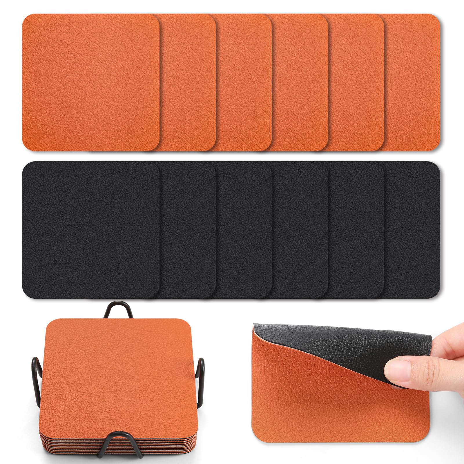 Myir JUN Coasters Set of 12 Glass Coasters 4 Inch Double Sided Leather Waterproof Non-Slip Easy to Clean with Holder (Black Orange)