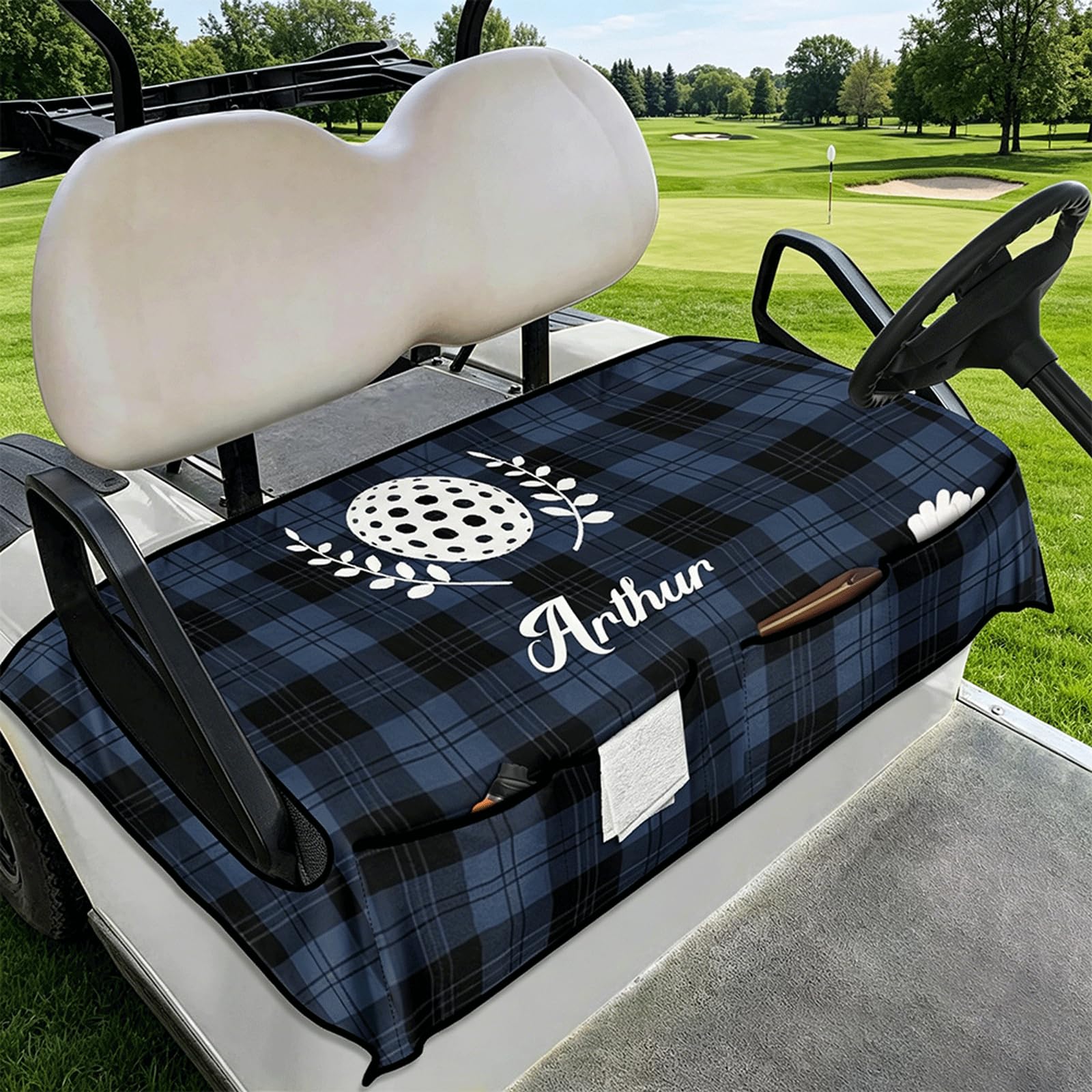 Personalisiertes Golfwagen Sitzauflage, im Karomuster für Golfwagen mit Ihrem Namen/Initialen/Foto/Logo, Mikrofaser Hält die Sitze Kühl und Sauber, Geschenk für Golfplatz, 133x82cm