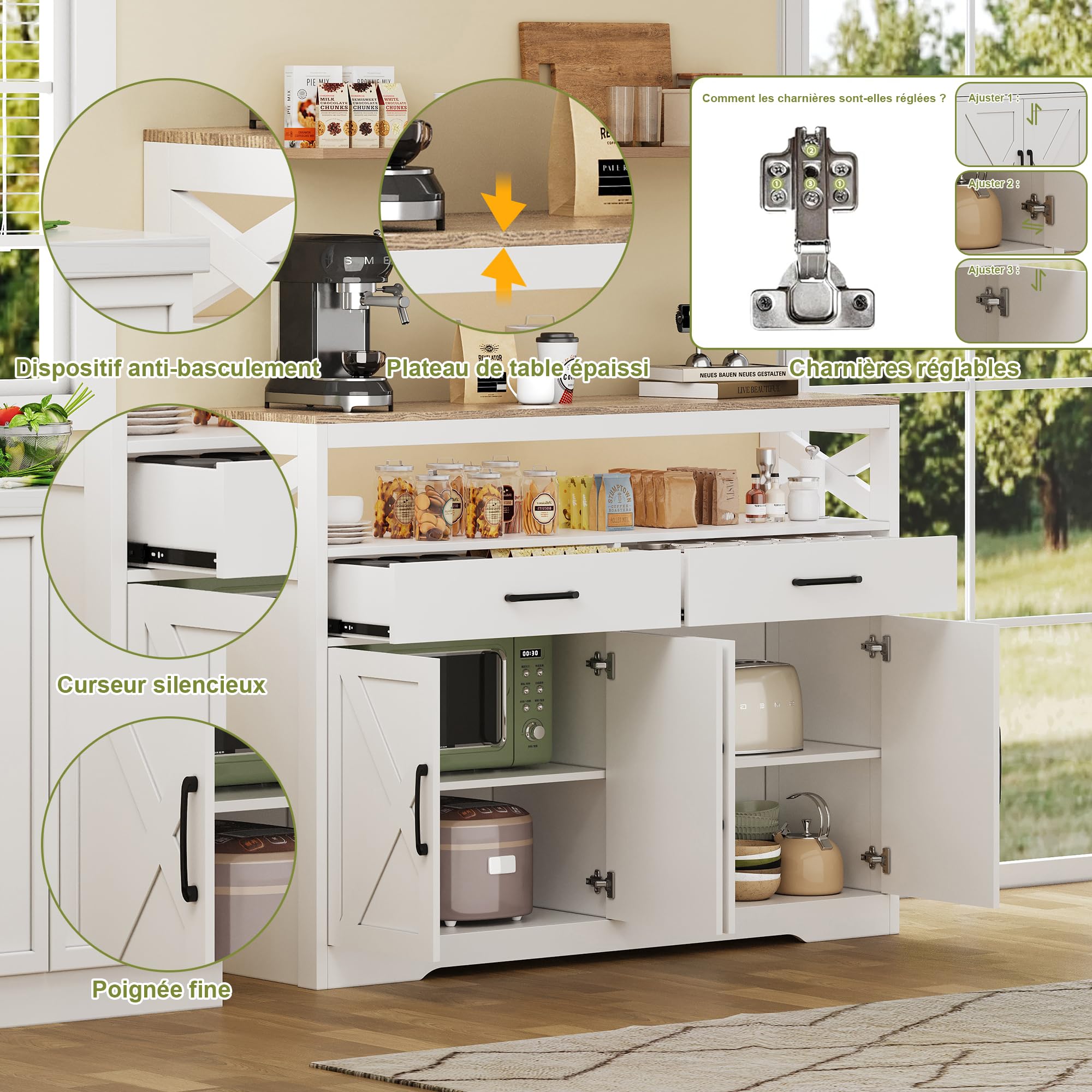 Commode Buffet 4 Portes 2 Tiroirs, Meuble Bas Élégant en Bois Blanc, Parfait pour Salon, Cuisine ou Couloir, 140x40x105 cm
