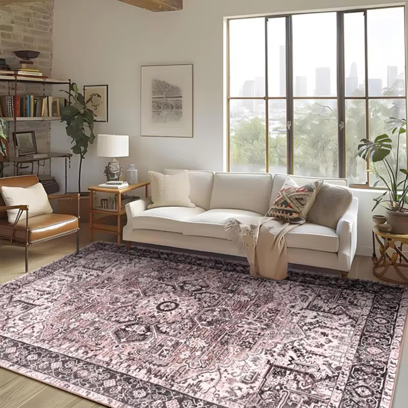Tapis à Poils Ras Antidérapant et Lavable 150x180cm Imprimé Vieilli Vintage
