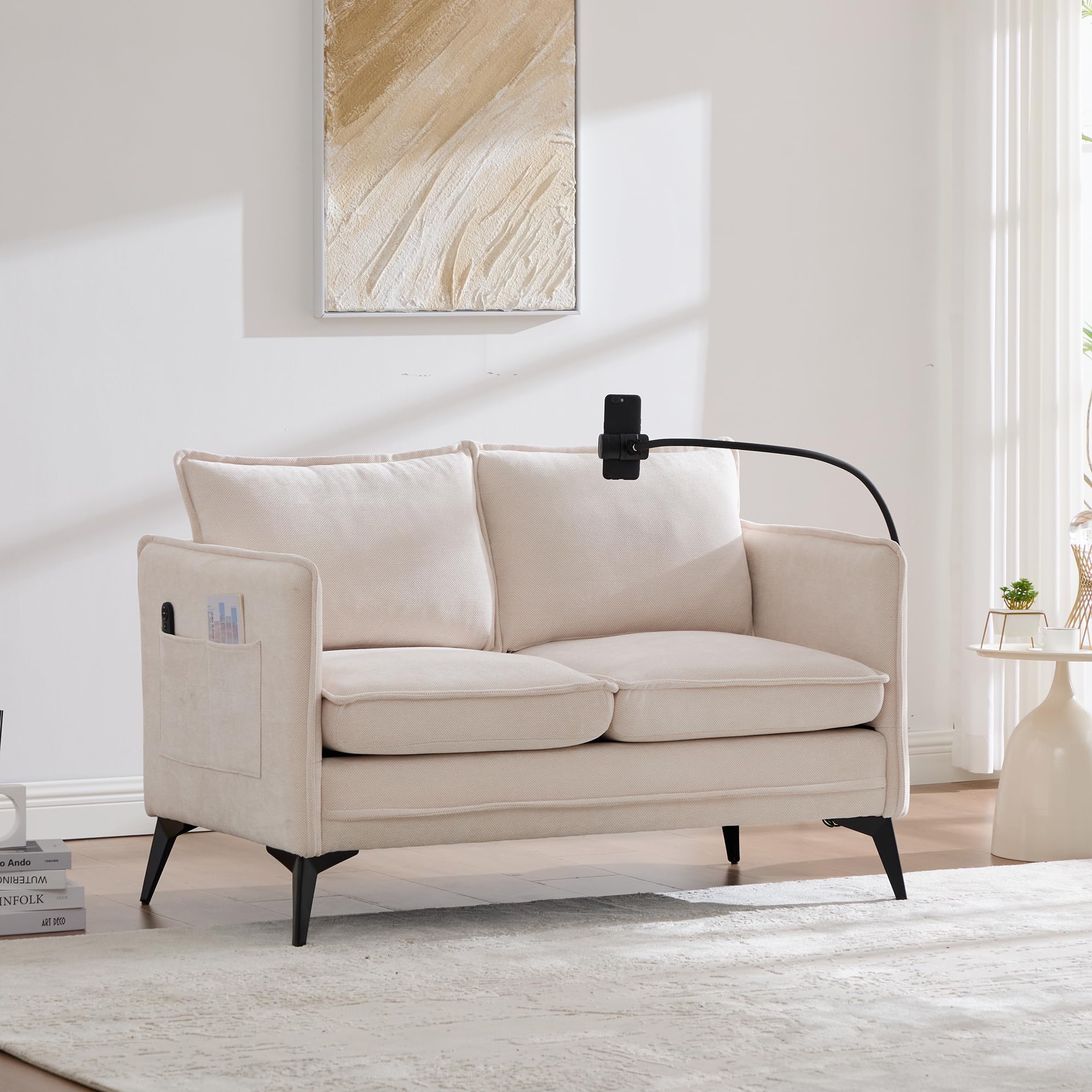 Moderno divano doppio, piccolo divano in tessuto, con tasca laterale + supporto per cellulare regolabile, adatto per soggiorno/camera da letto/balcone, 127 x 69 x 66 cm (beige)