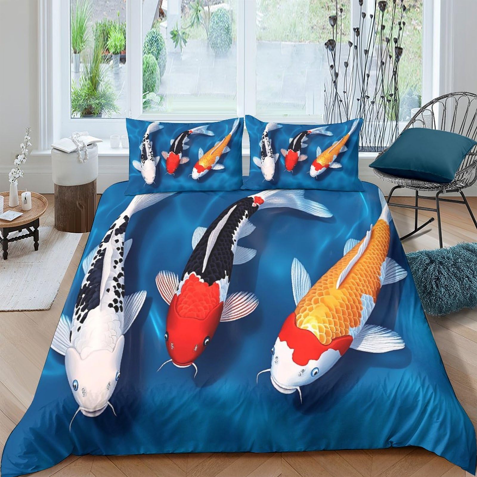 Ctjqhvkz Style-8 3D Printed Koi Fish Fitted Sheet Microfiber Soft Breathable Japanese Pond Bed Cover For Bedroom Guest Room Decor Single（135X200cm）