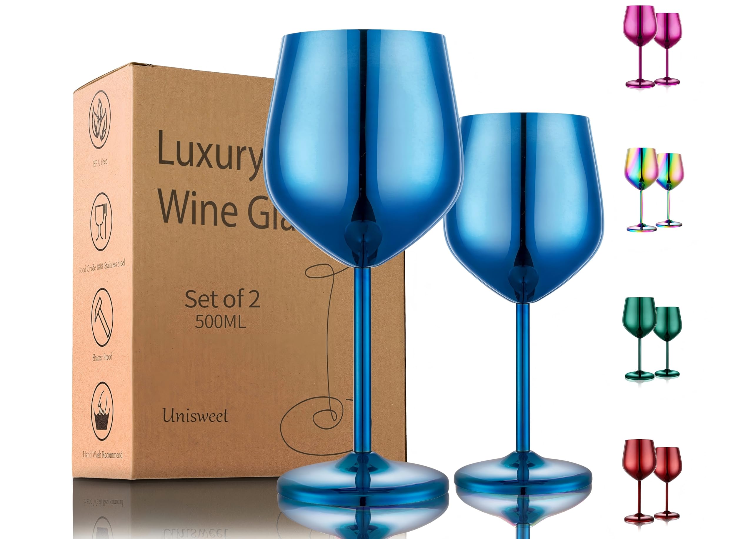 UNISWEET Stainless Steel Wine Glasses Set of 2, 18 oz Unbreakable Blue Wine Glass Unique Metal Wine Goblets for Outdoor Capming and Pool Gift for Wine