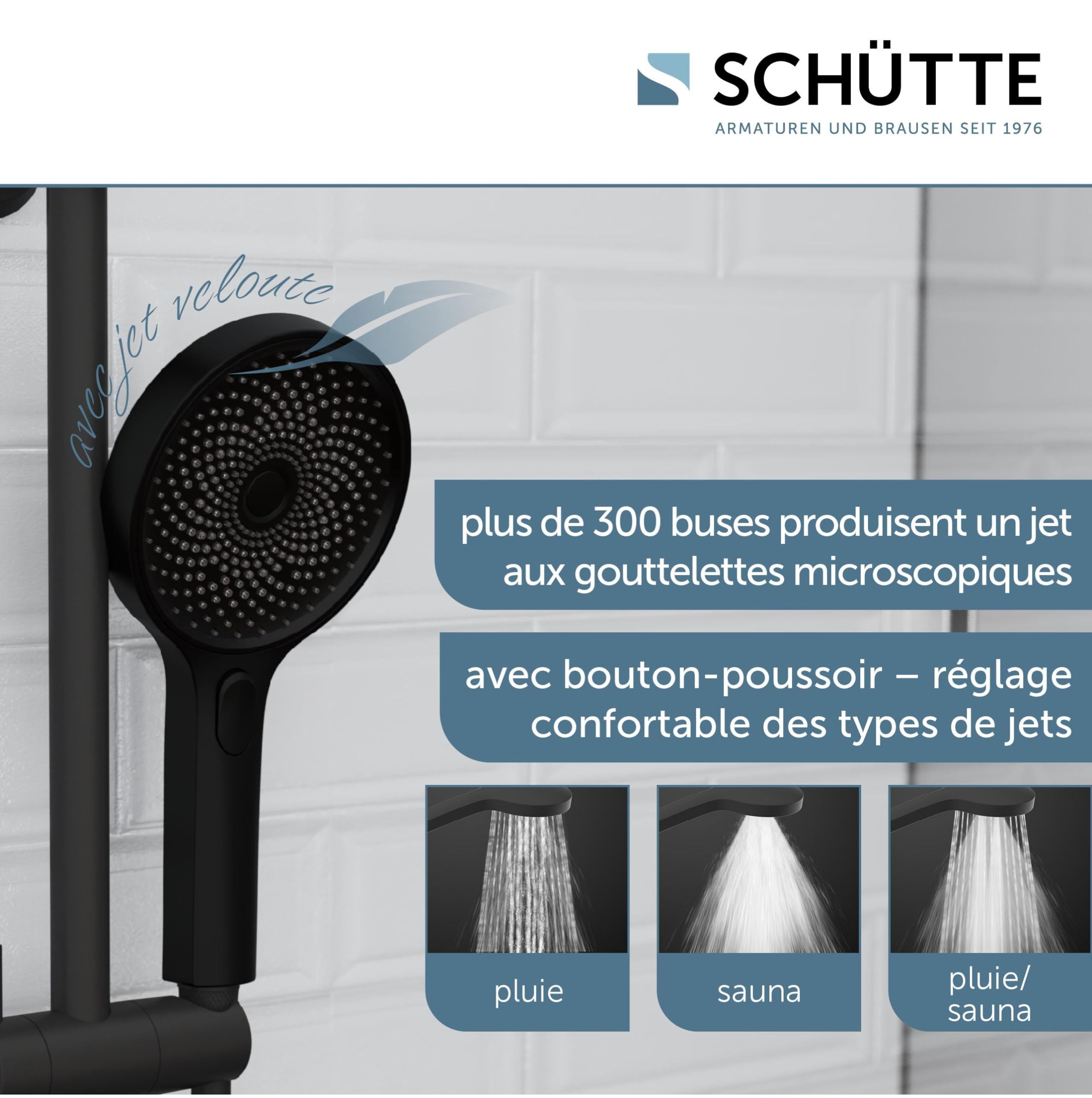 SCHÜTTE Pommeau de douche SAMOA RAIN | Technologie de jet de velours | Pommeau de douche avec plus de 300 buses | 3 types de jets réglables | Tête de douche anticalcaire pour la douche | Noir