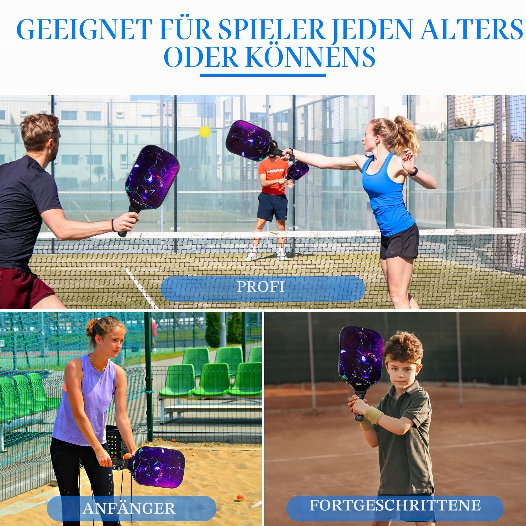 BOOMCLAP Pickleball-Paddel 2er-Set – Fiberglas-Oberfläche, komplett mit 2 Schlägern, 4 Bällen und tragbarer Tragetasche – ideal für Männer und Frauen