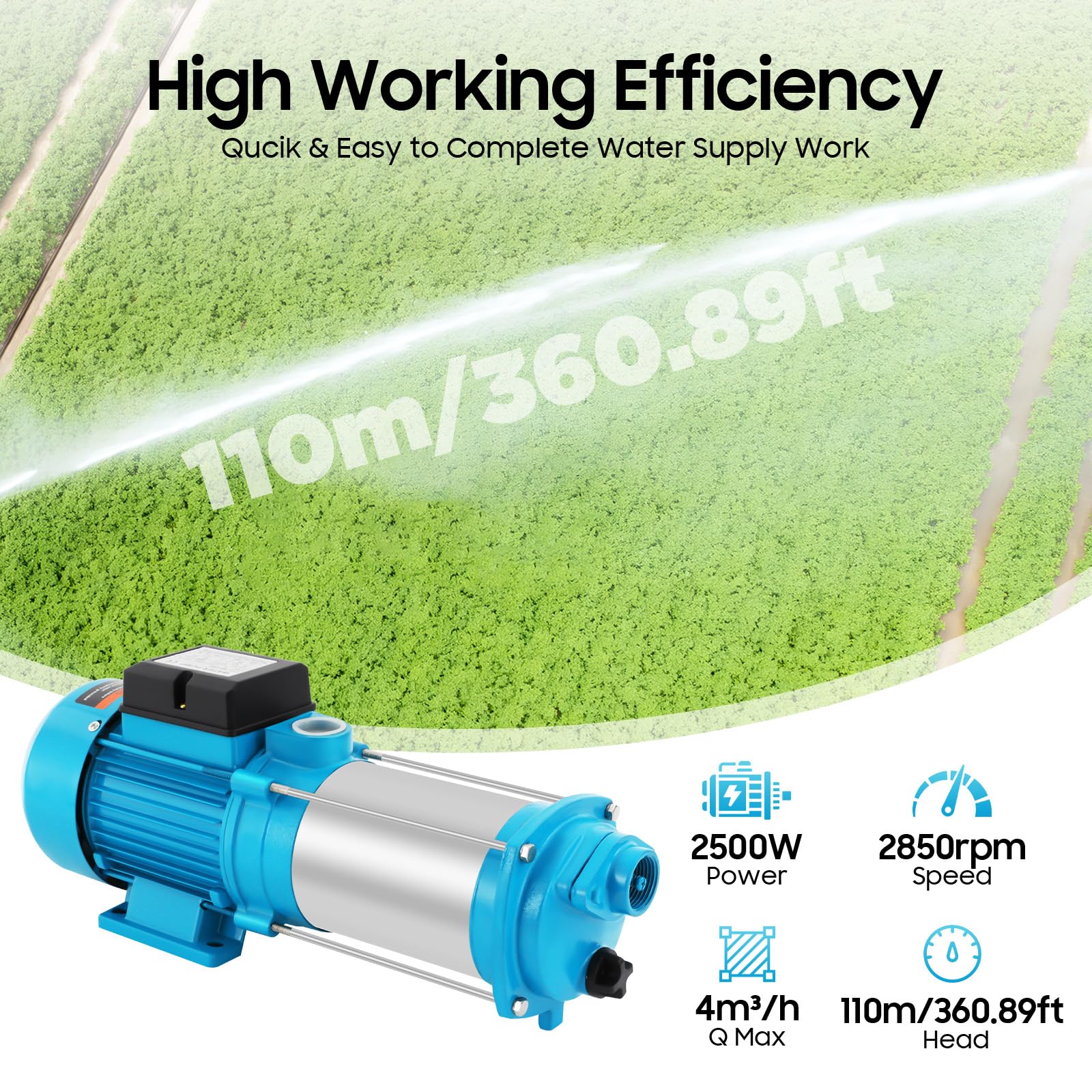 Pompa centrifuga per acqua domestica da giardino, in acciaio inox, per un giardino, pompa dell'acqua elettrica, 4000 l/h, 9,8 bar, con interruttore automatico (2500 W)