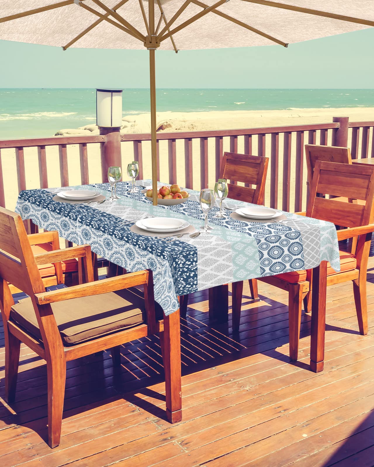 Bohemia Outdoor Tablecloth 60x84 Inch Rectangle Tablecloth with Umbrella Hole and Zipper Waterproof Polyester Fabric Table Cloth Art Boho Style Texture Blue Grey Table Cover for Patio Picnic