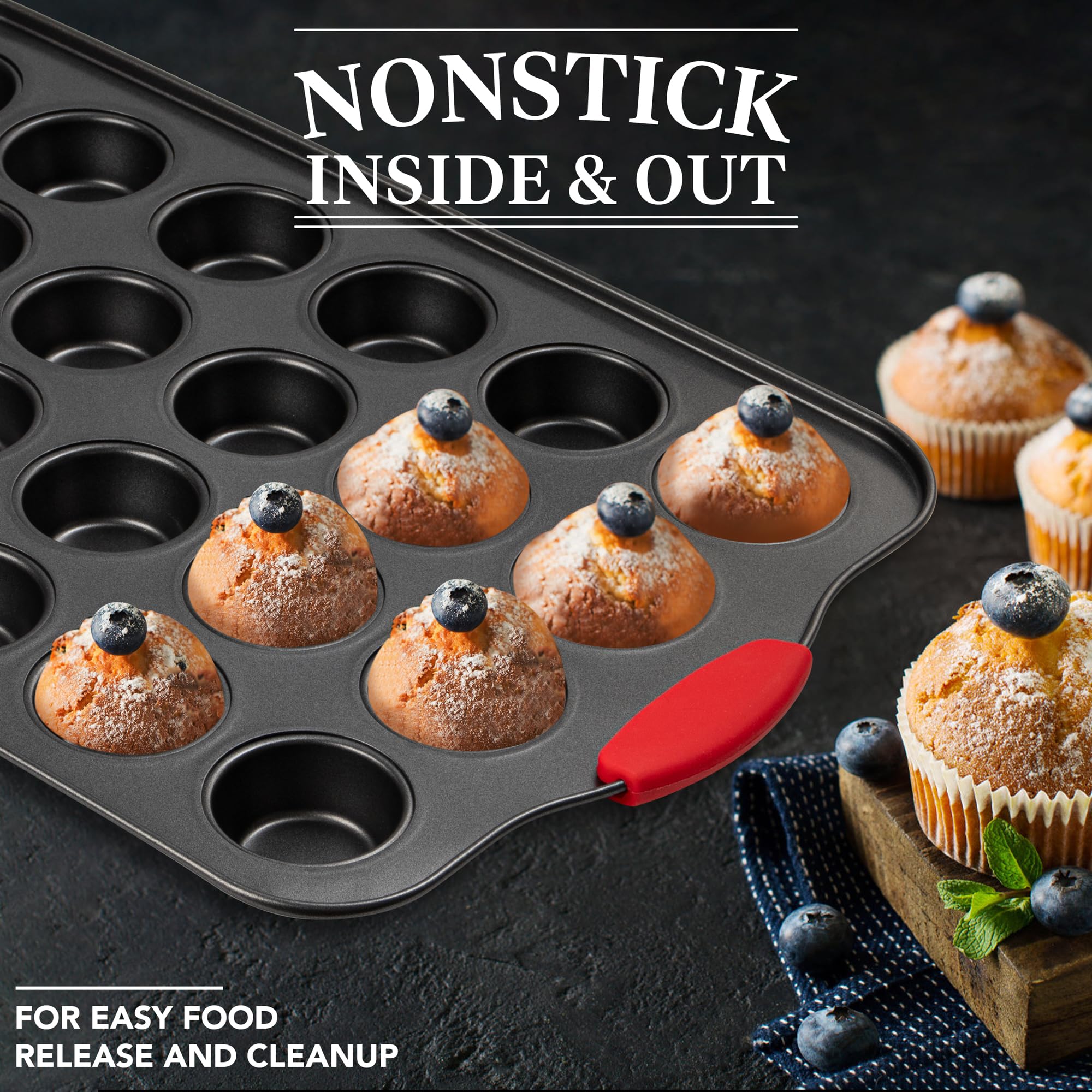 Lot de 2 mini moules à muffins, 24 cavités, antiadhésifs, robustes avec poignées en silicone