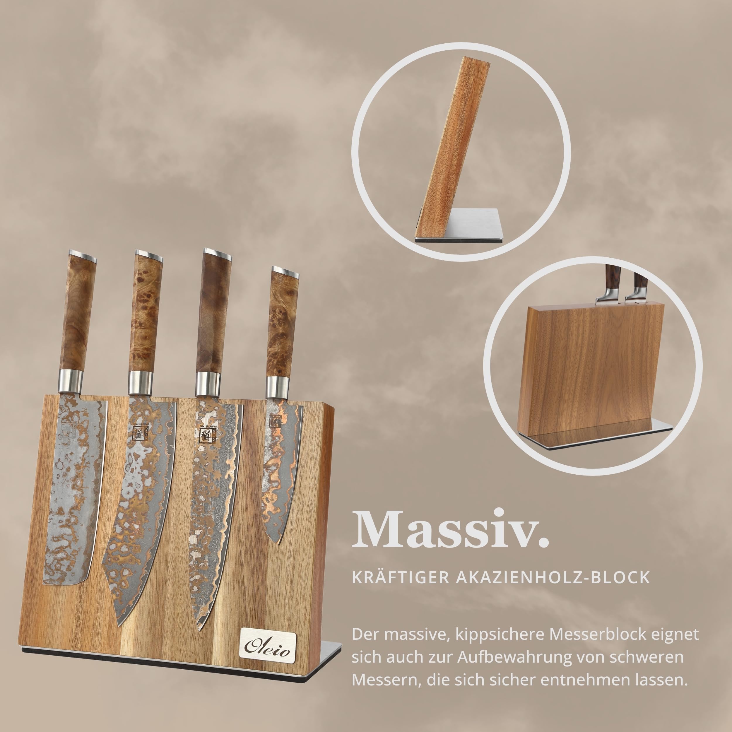 Oleio Magnetischer Messerblock - Küchen Organizer aus Akazienholz mit Magnetleiste für bis zu 6 Messer - Edelstahlsockel & rutschfester Unterlage - 3,8 cm stark Messerblock ohne Messer - Messerständer