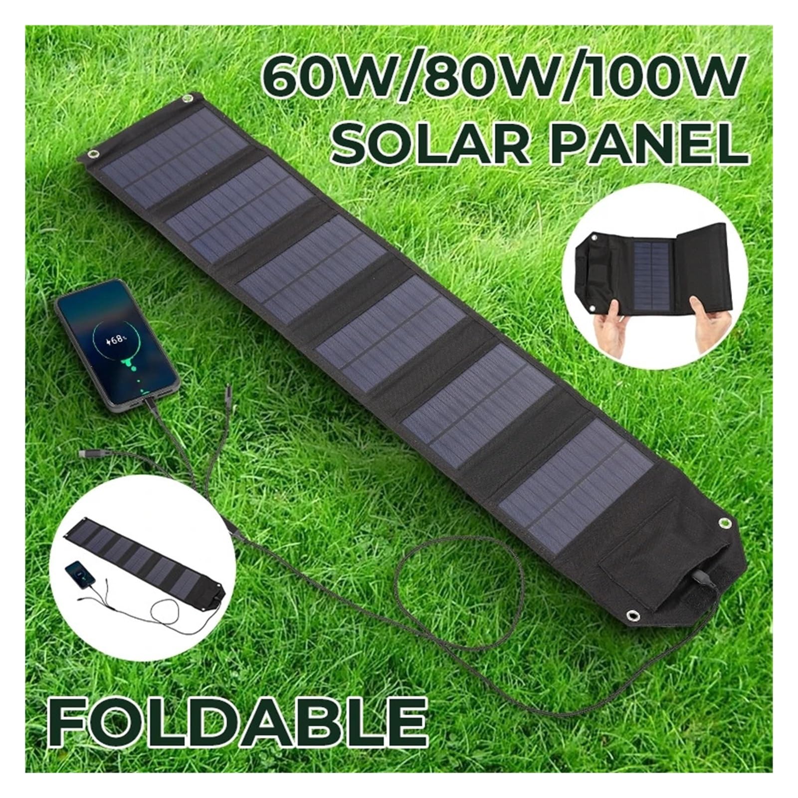 100W/80W/60W Pannello solare pieghevole 5V USB Caricatore solare pieghevole for borsa for cellulare Piastra solare for campeggio esterno Accumulatori e caricabatterie di riserva(80W Black)