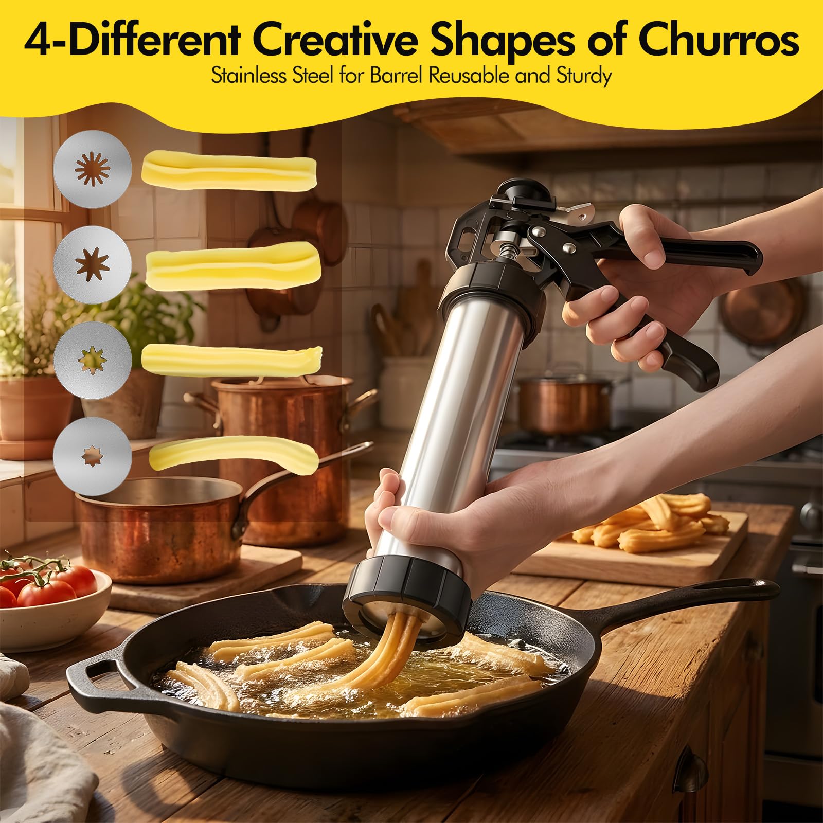 Machine à Churros et Presse à Biscuits 3-en-1, Appareil a Churros Manuel en Acier Inoxydable 304, Pistolet à Pâtisserie avec Levier Ergonomique, 21 Accessoires (Disques, Douilles)