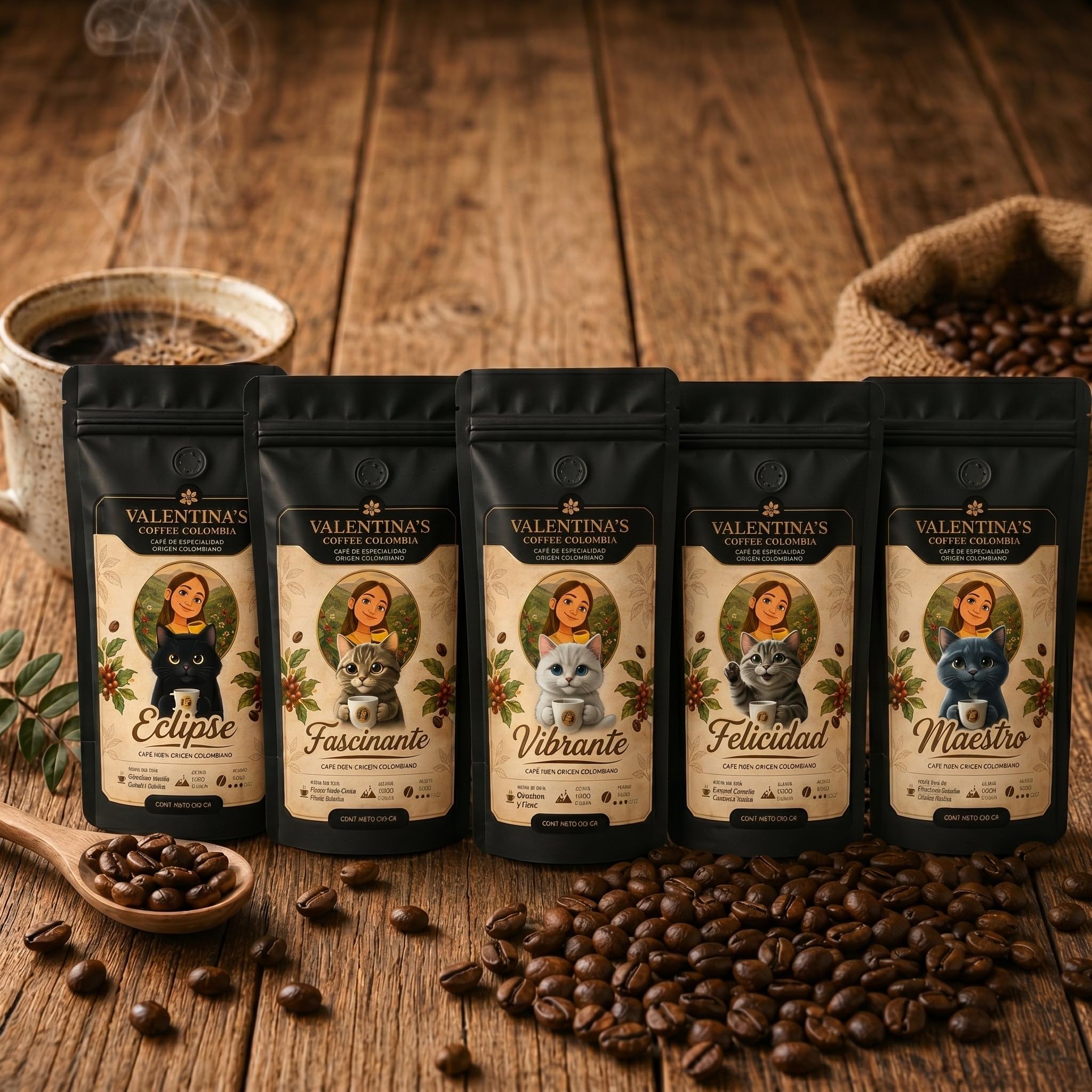 La Camada Completa | 5x250 gr | Molienda Expresso | Intensidad Media | 100% Café Colombiano de Especialidad | Eclipse, Felicidad, Maestro, Fascinante, Vibrante