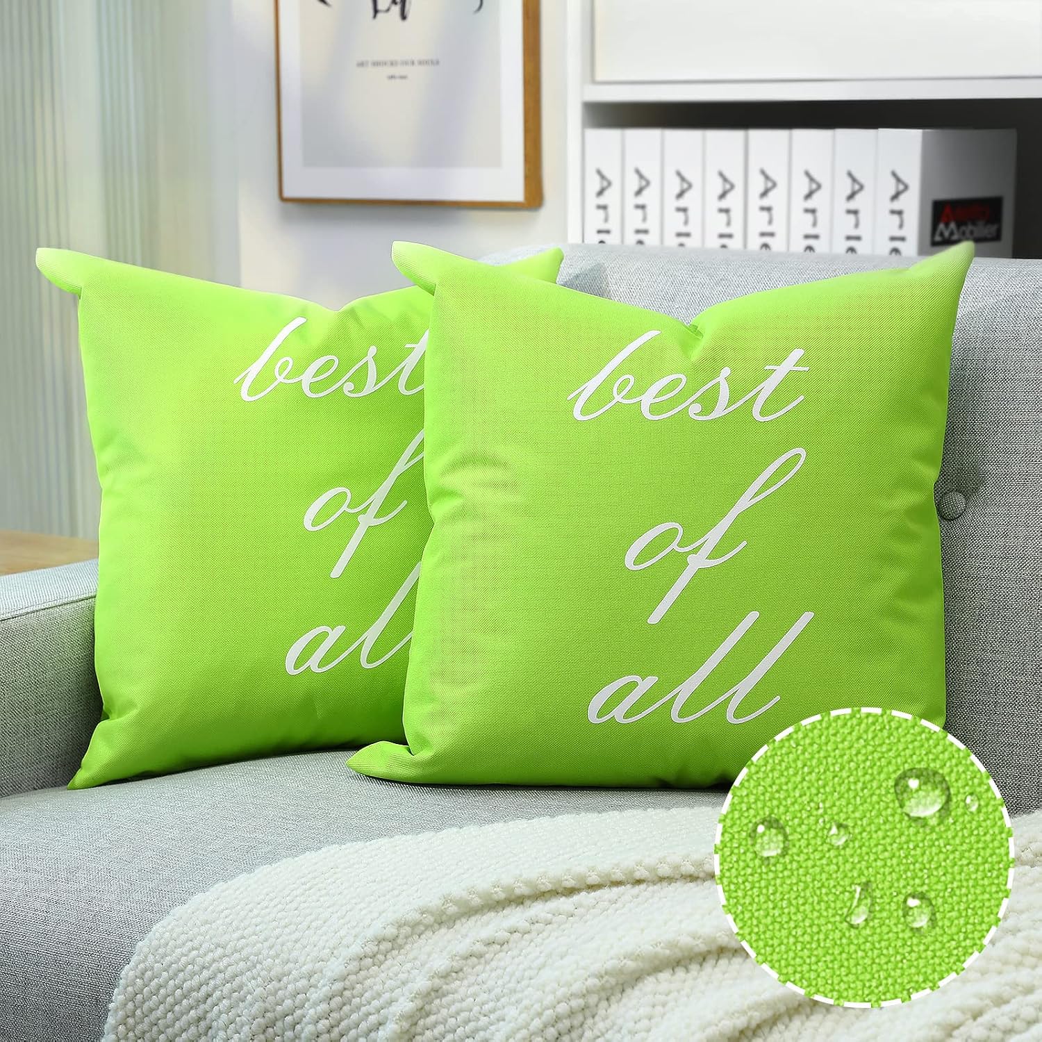 MoKo 2-Pack Waterproof 18x18 Outdoor Pillow Cover, PU Waterproof Throw Pillow Cases with Quotes & Sayings Decorative Square Cushion Covers for Patio Couch Tent Garden, 45 x 45 cm, Green