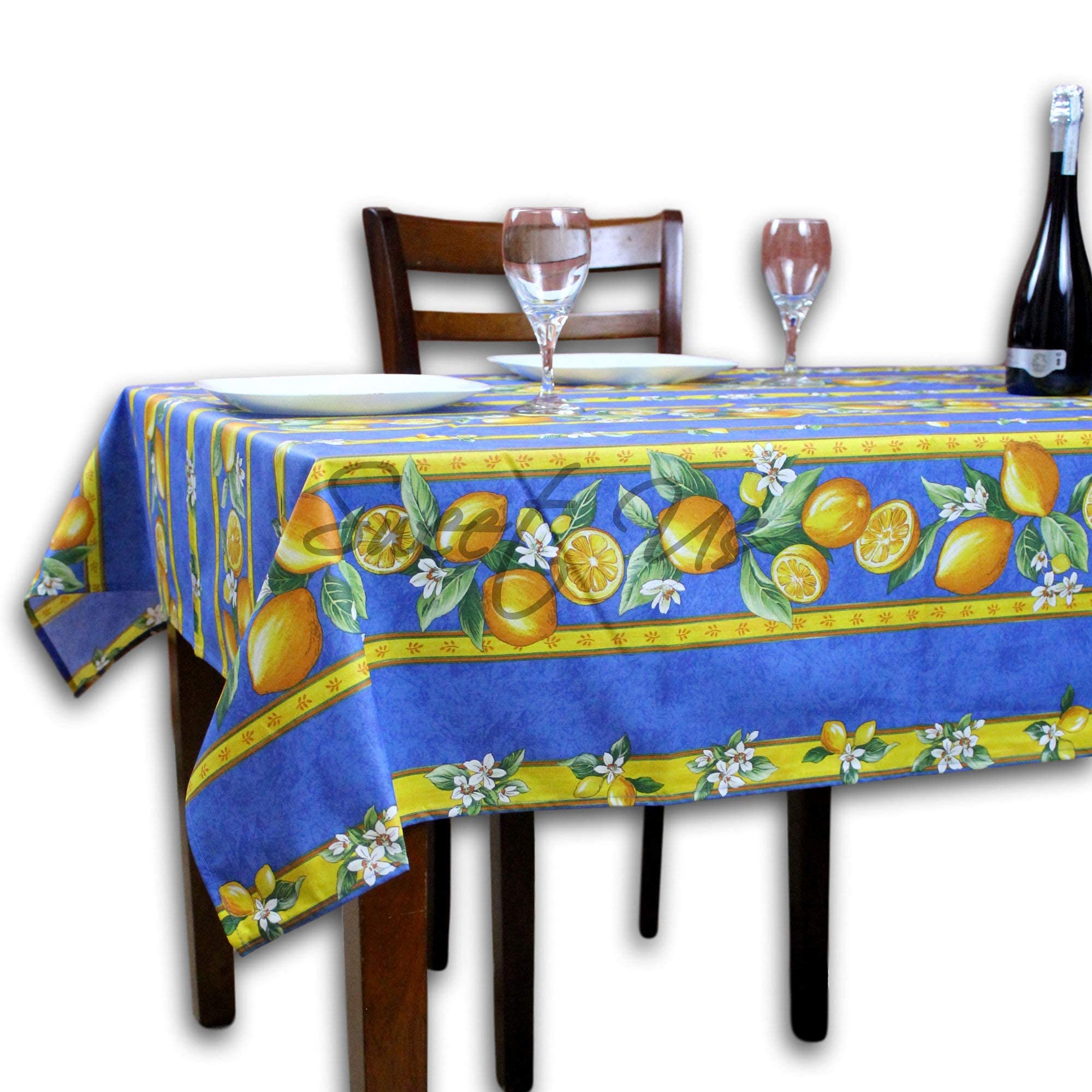 La Cigale Citron Wipeable Tablecloth Spill Resistant Acryllic Coated, Floral Cotton French Provencal Tablecloth for Tables, for Indoor and Outdoors, Blue, 60 x 116 in