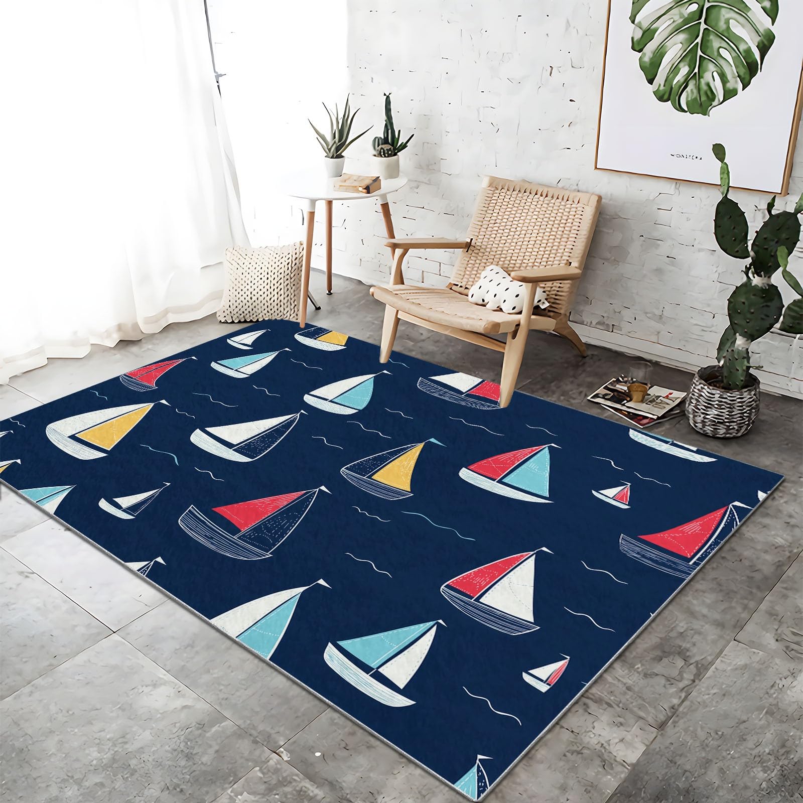 Tapis de salon lavable et antidérapant motif voilier mer