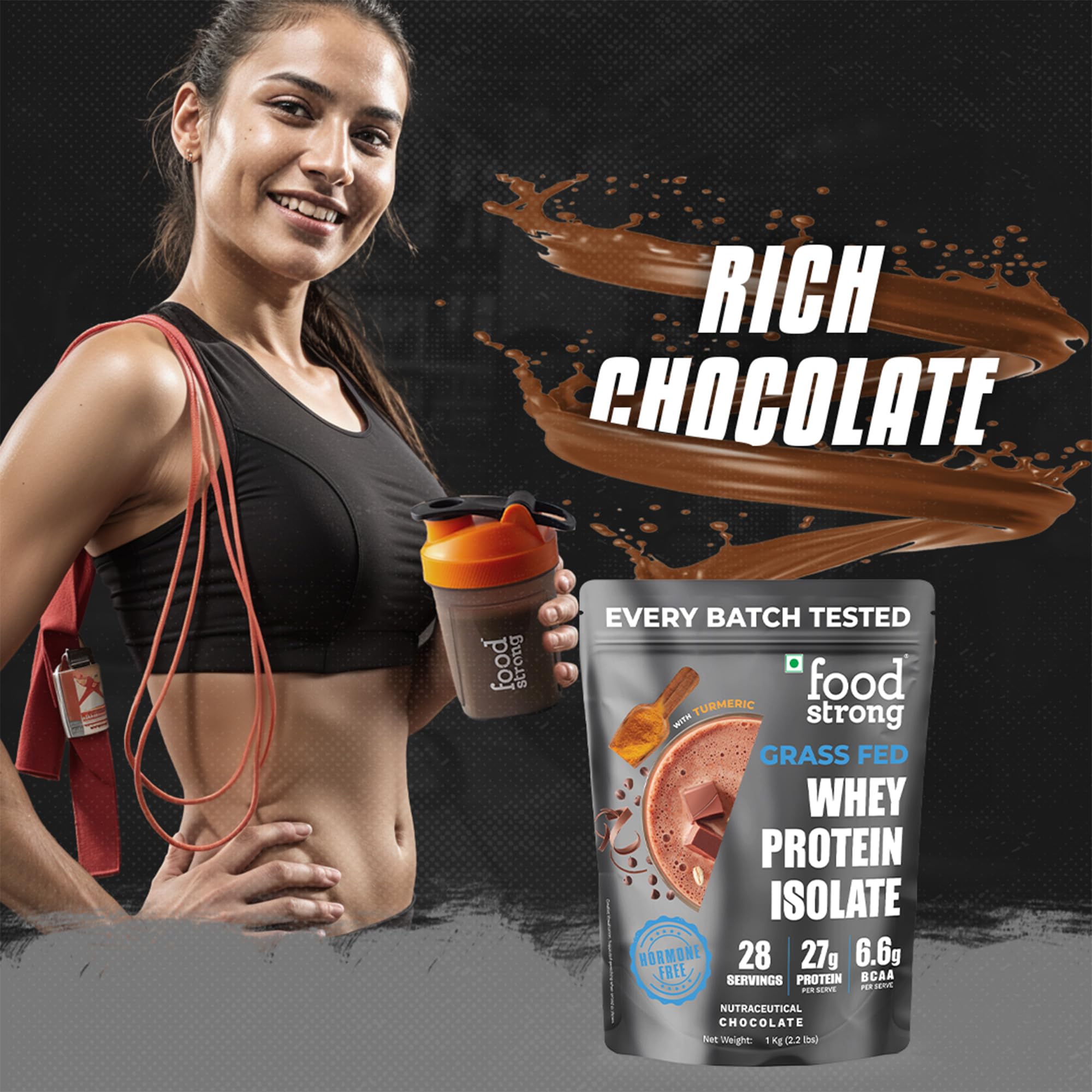Foodstrong Whey Protein Isolate, 100% Hormone Free Grass-Fed Whey, 27G Protein & 6.6G BCAA, Chocolate, With Turmeric & Digestive Enzymes, 1KG 4