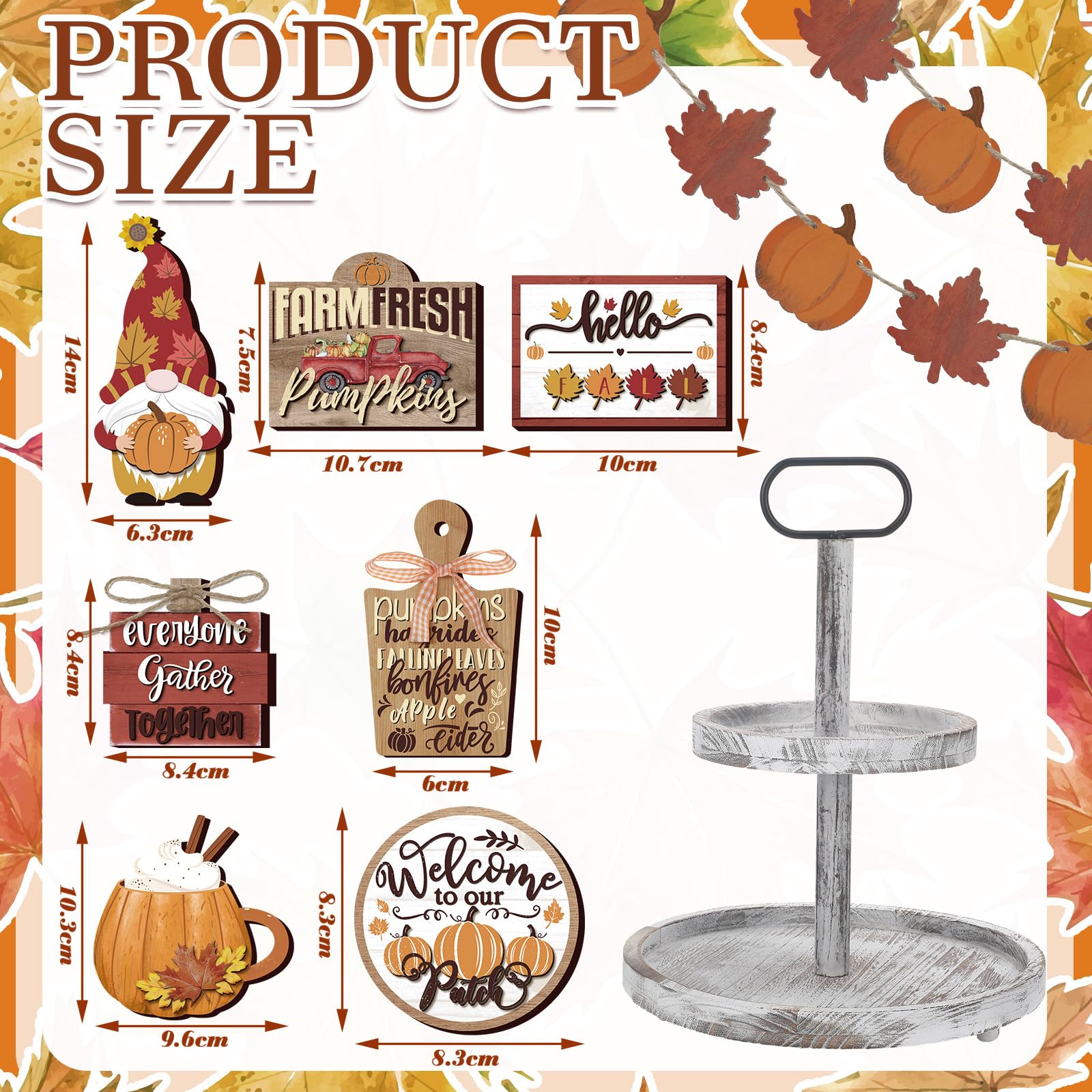 13 Pcs Fall Tiered Tray Decor with Two Tiered Tray Fall Table Decor Maple Leaf Pumpkin Signs Thanksgiving Fall Decor Autumn Harvest Decorative Trays Wooden Tabletop Signs for Home Kitchen