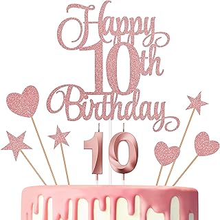10th Birthday Cake Decorations, 10th Birthday Candles Cake Numeral Candles and Glitter Happy 10th Birthday Cake Toppers Set for Birthday Party Supplies (Rose Gold)