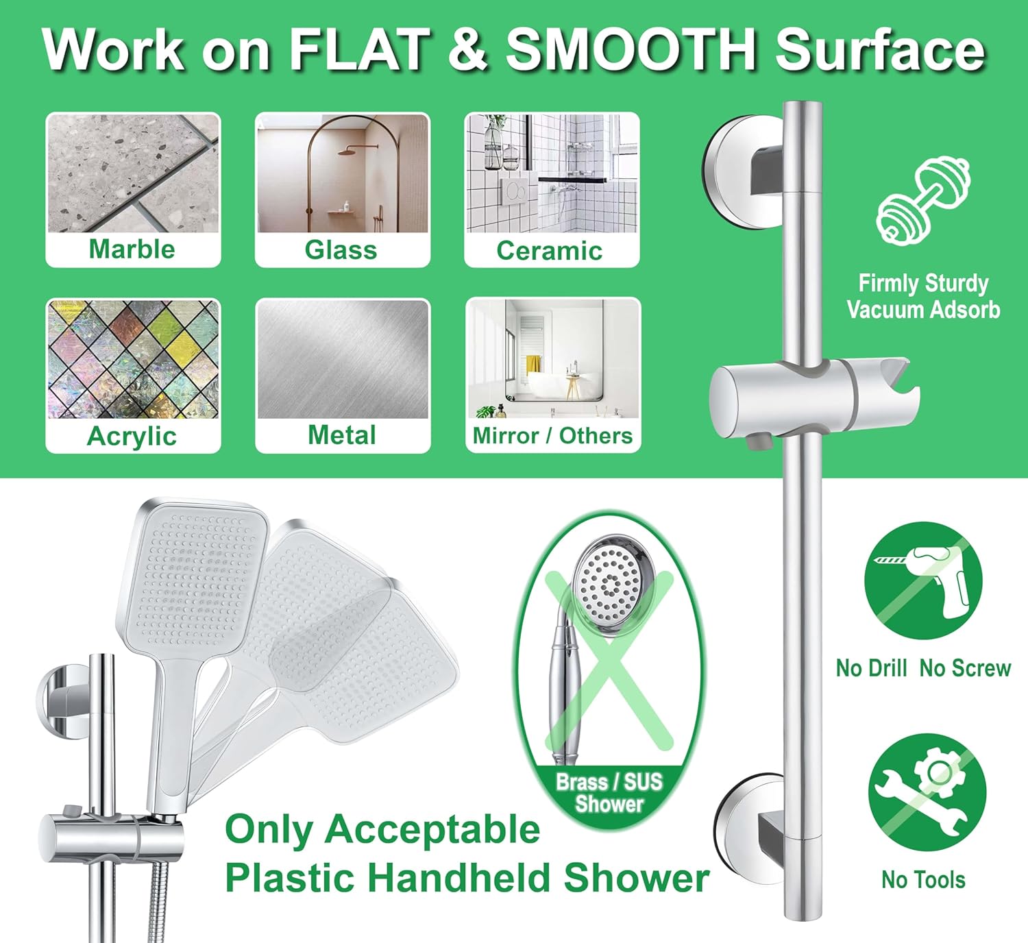 Upgraded 17.7 Inch Shower Slide Bar w/ Waterproof Suction Cup,SUS Metal Bar Heavy Duty, Removable & Adjustable Handheld Shower Head,Wall Mount Drill-Free Install No Tool,Bathroom Wall Protect