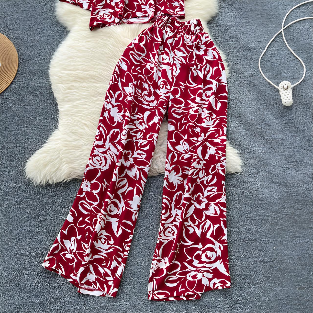 Gufrina Women's Floral Button-Down Co-Ords Set - Shirt Collar Top And Wide-Leg Pants, Casual Chic Outfit (Red Xxl)