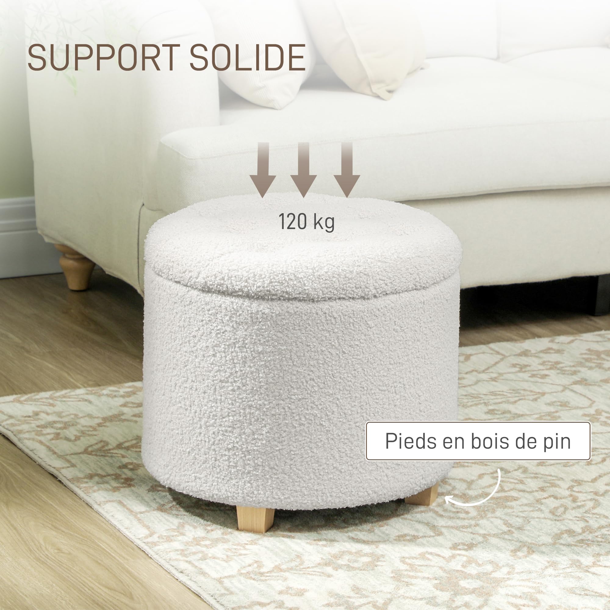 HOMCOM Pouf Coffre Rangement, Tabouret Rond, Pouf Repose-Pieds en Tissu Bouclette, pour la Chambre à Coucher, entrée, Salon, Charge 120 Kg, Ø 45 x 41 cm, Blanc