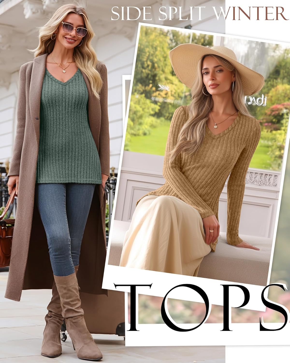 3 Pack Women's Sweaters V Neck Slim Fit Long Sleeve Sweater Lightweight Knitted Ribbed Tunic Tops with Side Split - Image 4