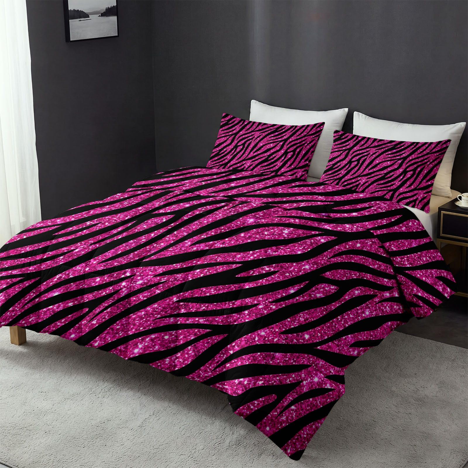 Kołdra z nadrukiem 140 x 200 cm, cekiny z nadrukiem zwierzęcym zebra, dwustronna kołdra bez poszwy na 4 pory roku, miękka i hipoalergiczna mikrofibra, można prać w pralce, różowo-czarna