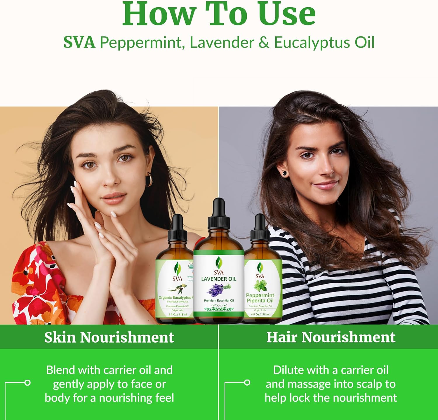 SVA Peppermint, Lavender and Eucalyptus Essential Oil 4oz Bundle Super Saver Combo – Premium Grade Value Set for Aromatherapy, Scalp Massage, Hair Care, Skin & Body