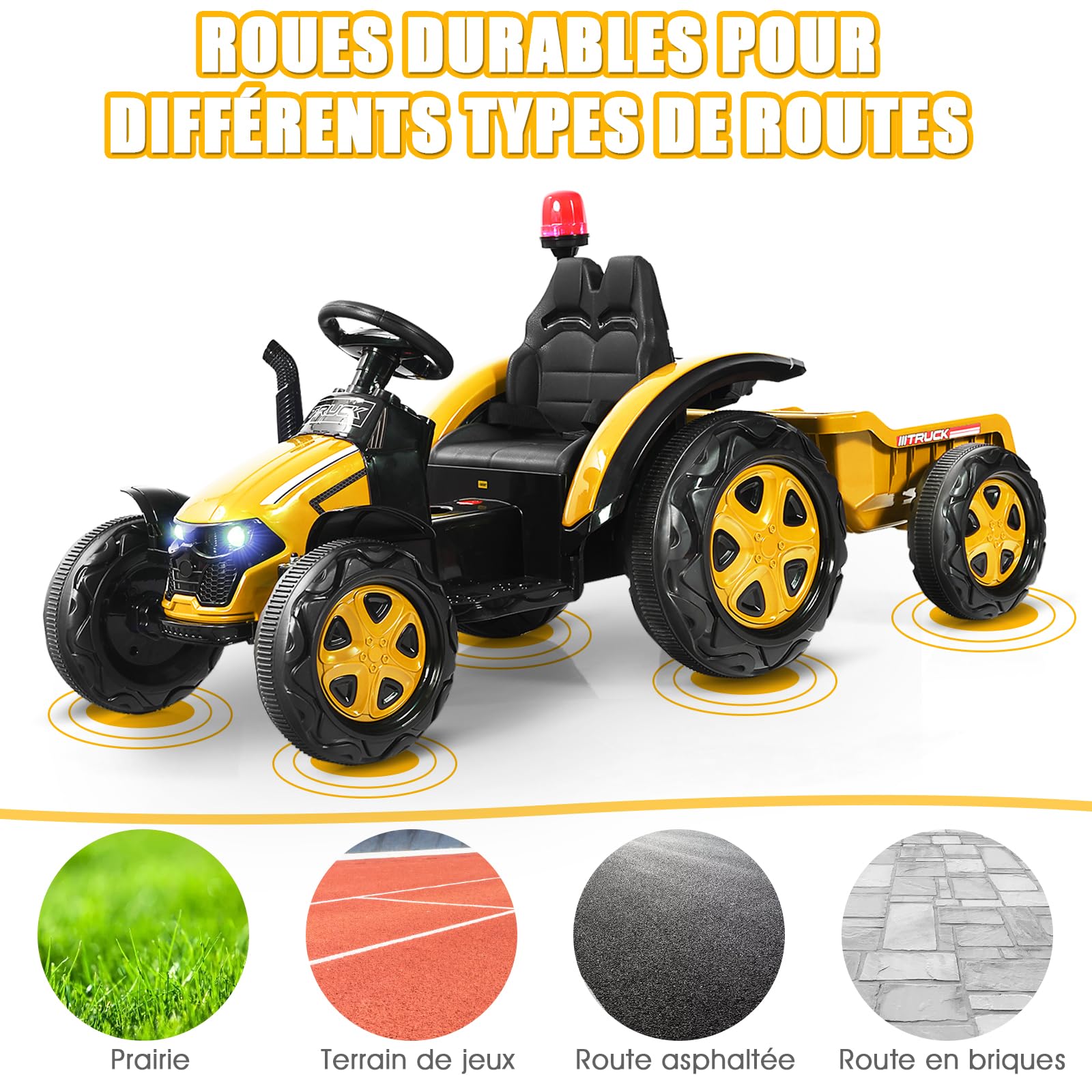 COSTWAY 12V Tracteur Électrique Enfant avec Remorque Amovible & Télécommande 2,4G, Voiture Électrique avec Lumière & Musique, Cheminée & Feu, 3-8 km/h, Charge 30kg pour Enfants de 3-8 Ans