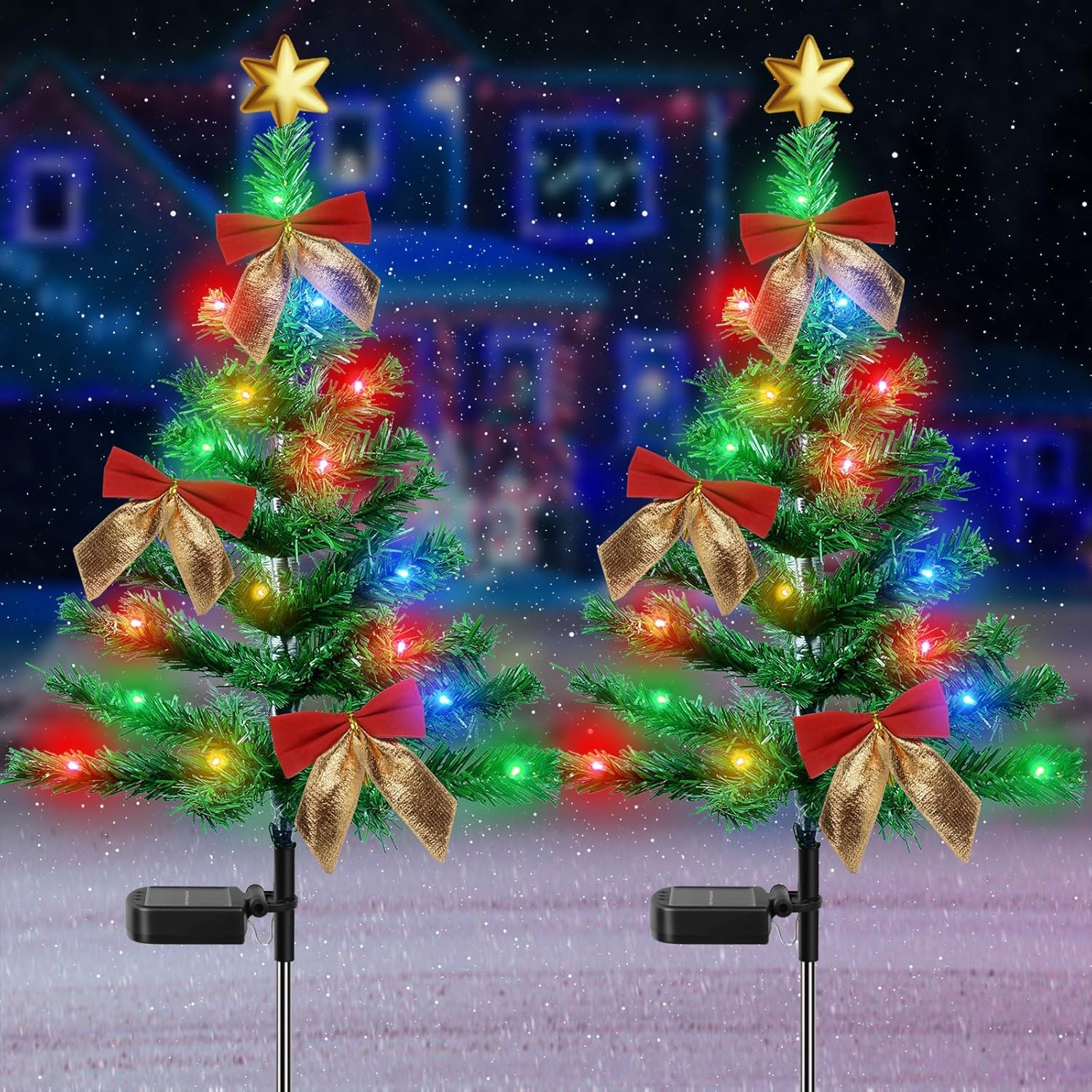 Fohil Albero di Natale con Luci Solari per Esterni, 2 Pezzi 85cm Alberi di Natale con Addobbi Natalizi, Luci Albero di Natale con 60LED, Luci di Natale Decorazioni Natalizie per Esterno Giardino