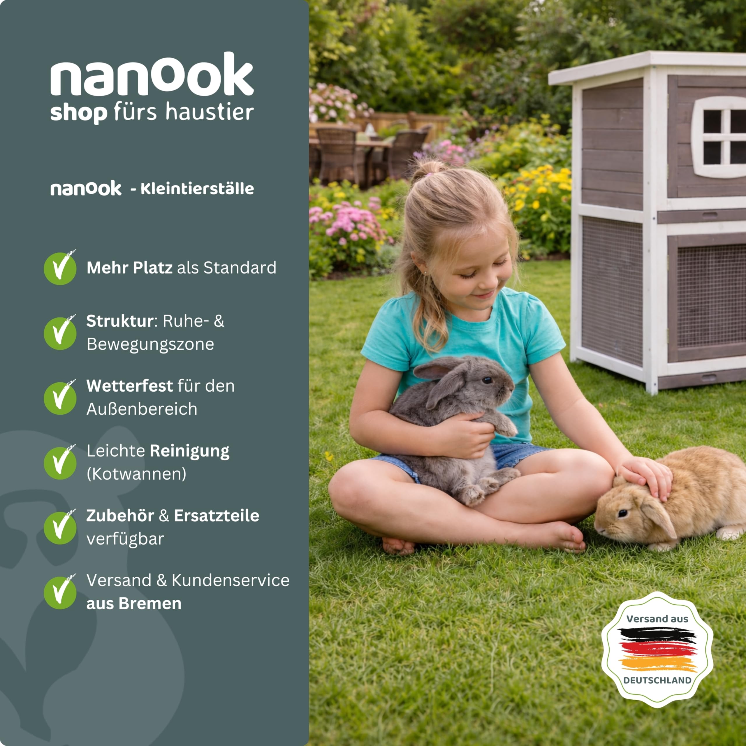 nanook Murmel XXL Doppel Kaninchenstall Hasenstall - doppelstöckig - wetterfest - 211 x 52 x 107 - Farbe: Taupe/Weiss - extra großes Kaninchengehege