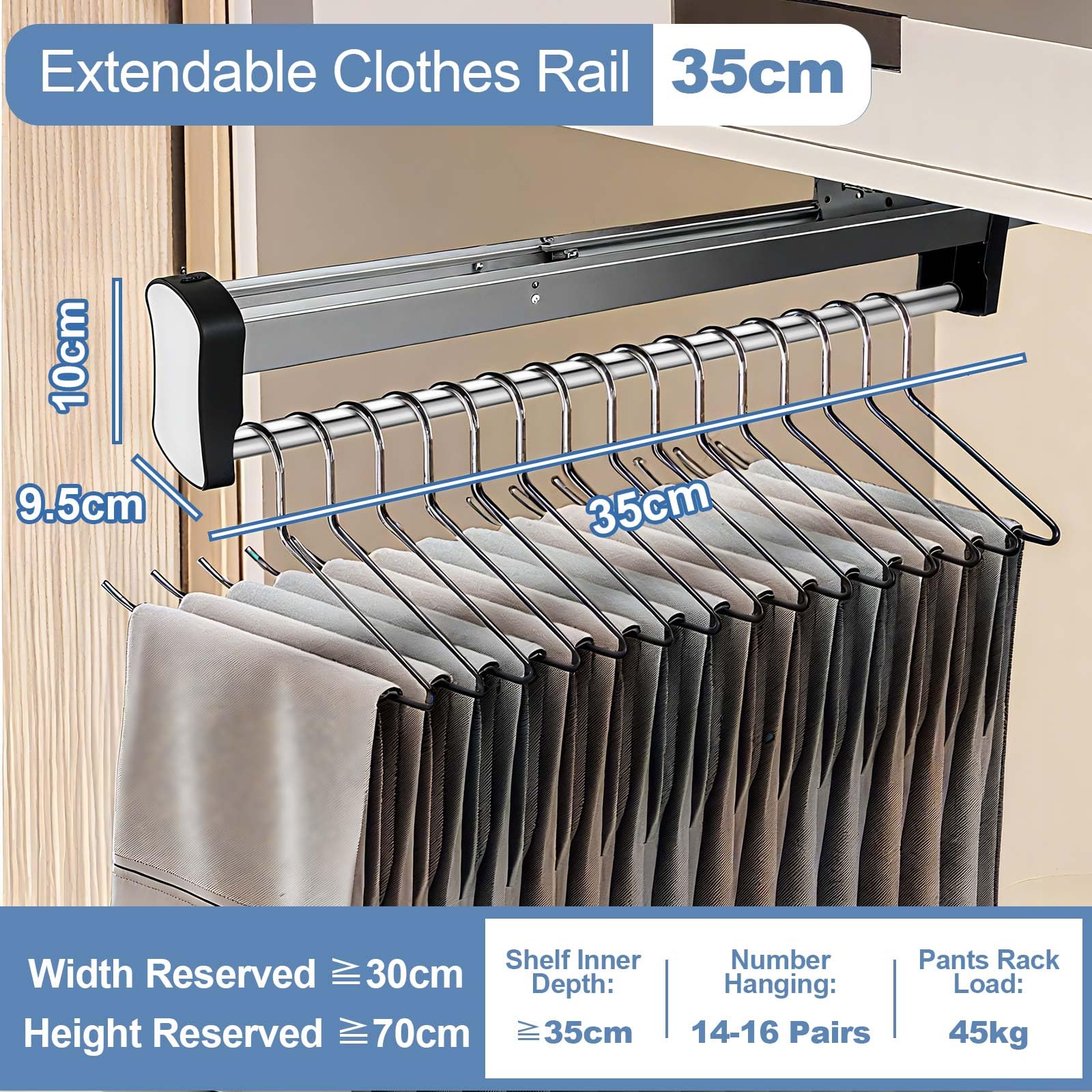 Asta Appendiabiti per Armadio Estensibile 35cm, Bastone Armadio Appendiabiti con Ammortizzatore, Portapantaloni Salvaspazio, per 14-16 Pantaloni, Asta Telescopica, Carico Pesante di 45 kg