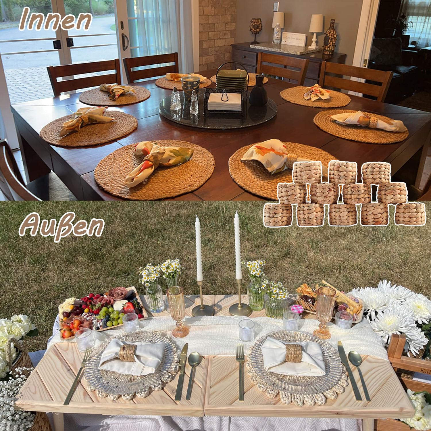 Set di 12 portatovaglioli rustici – Anelli in tessuto di vimini fatti a mano per la decorazione della tavola della fattoria | Ringraziamento, Natale e accessori per stoviglie da sposa