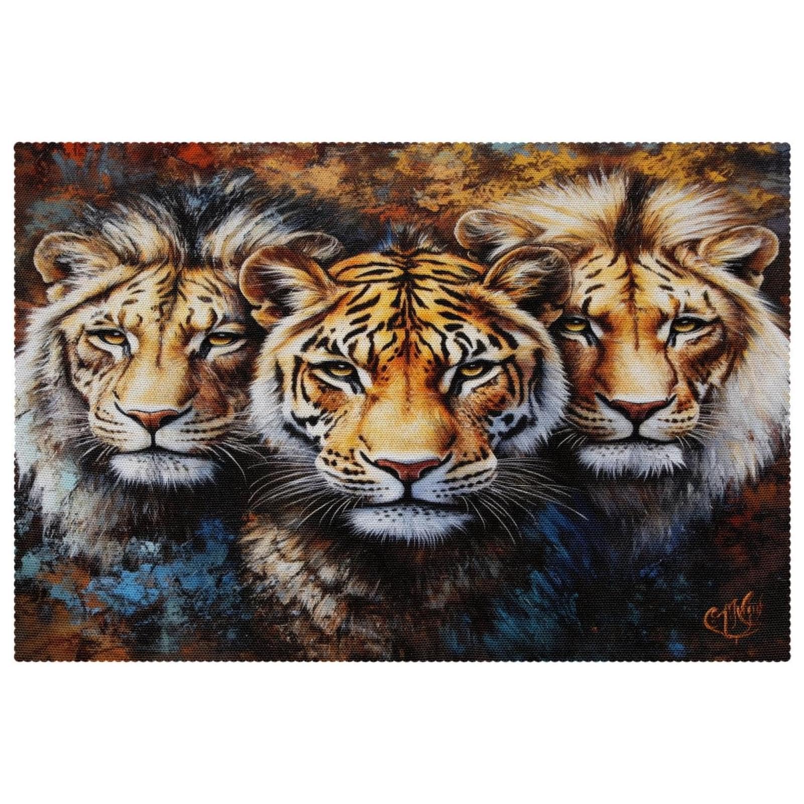Set de table tigre et lions en tissu Oxford lavable pour cuisine - Lot de 4
