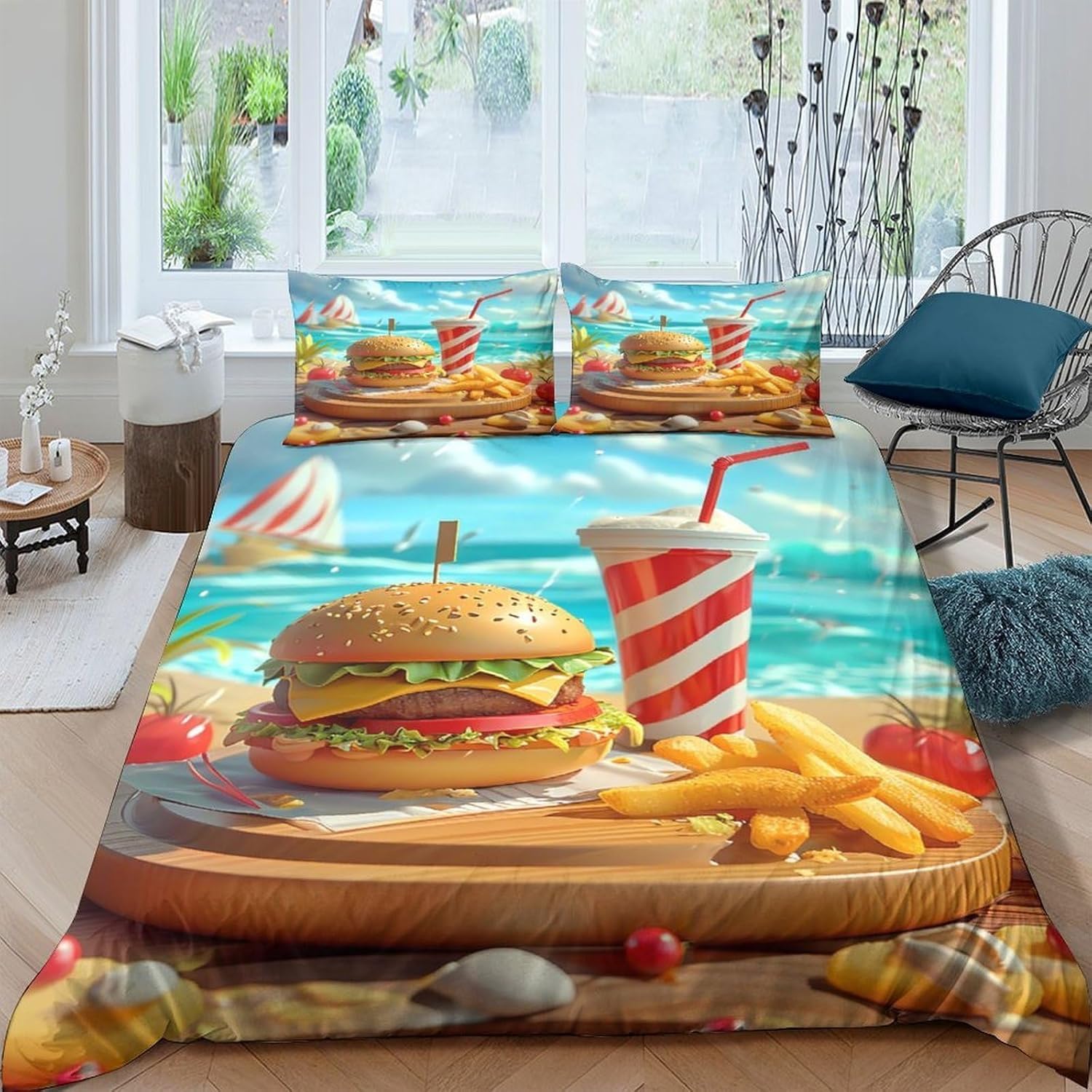 Housse de couette 240x260 hamburger 3D pour lit 2 personnes avec 2 taies